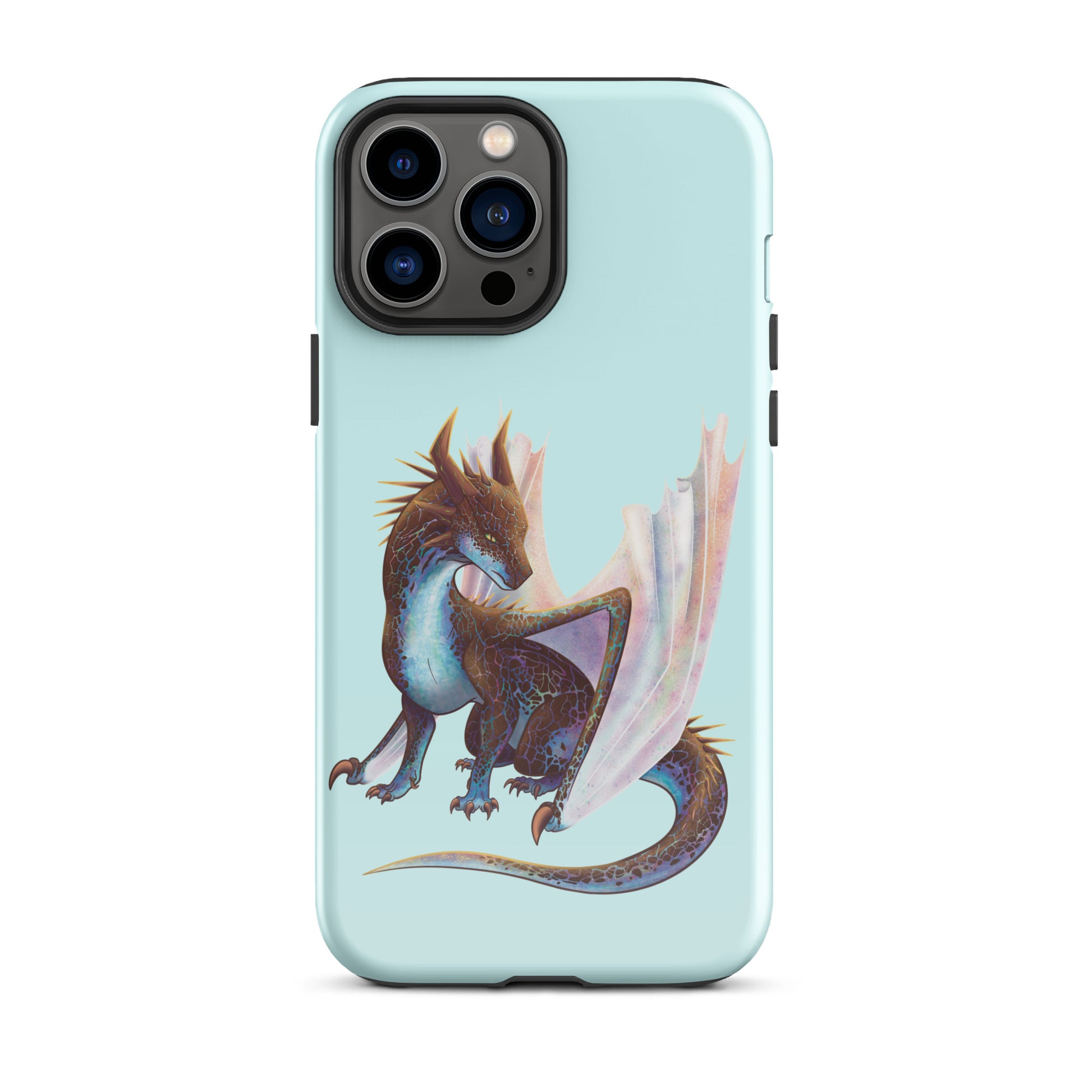 A mint in color tough phone case for an Apple iPhone 13 pro max, with a glossy finish featuring a sitting, side profile of a dragon that has the features of a boulder opal with hues of blue, green, purple, and pink on the underbelly and cracks of the rough, brown hue, rock scales. The wings are tucked back and are of an iridescent shimmery hue