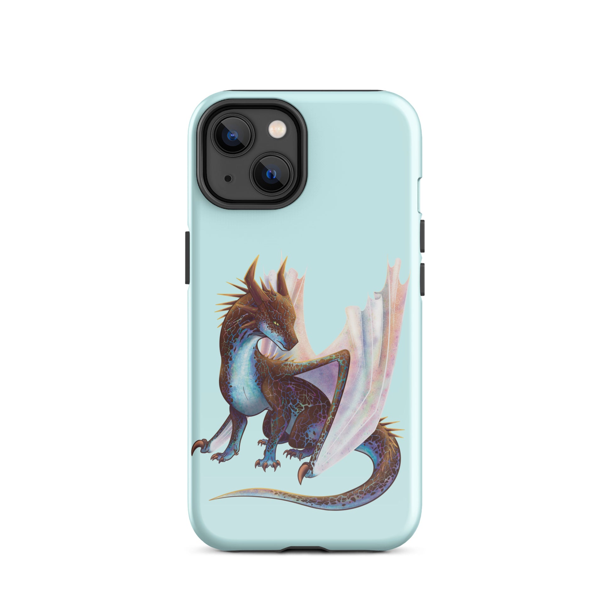 A mint in color tough phone case for an Apple iPhone 14, with a glossy finish featuring a sitting, side profile of a dragon that has the features of a boulder opal with hues of blue, green, purple, and pink on the underbelly and cracks of the rough, brown hue, rock scales. The wings are tucked back and are of an iridescent shimmery hue