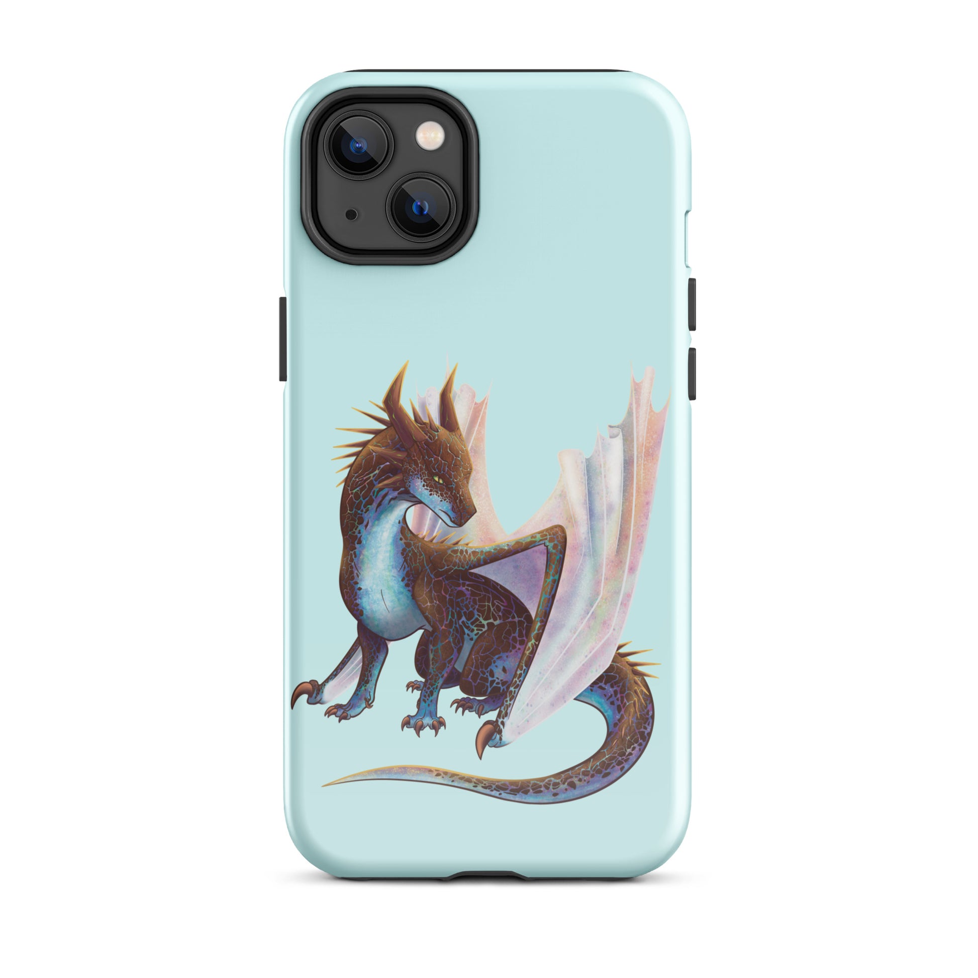 A mint in color tough phone case for an Apple iPhone 14 plus, with a glossy finish featuring a sitting, side profile of a dragon that has the features of a boulder opal with hues of blue, green, purple, and pink on the underbelly and cracks of the rough, brown hue, rock scales. The wings are tucked back and are of an iridescent shimmery hue