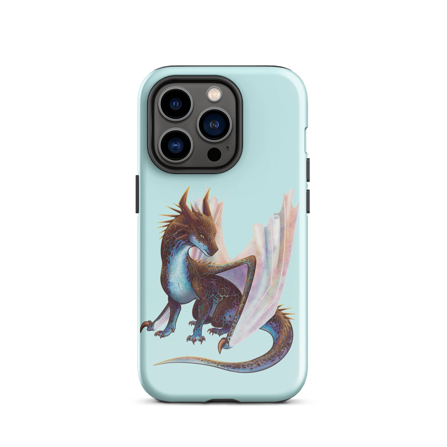 A mint in color tough phone case for an Apple iPhone 14 pro, with a glossy finish featuring a sitting, side profile of a dragon that has the features of a boulder opal with hues of blue, green, purple, and pink on the underbelly and cracks of the rough, brown hue, rock scales. The wings are tucked back and are of an iridescent shimmery hue