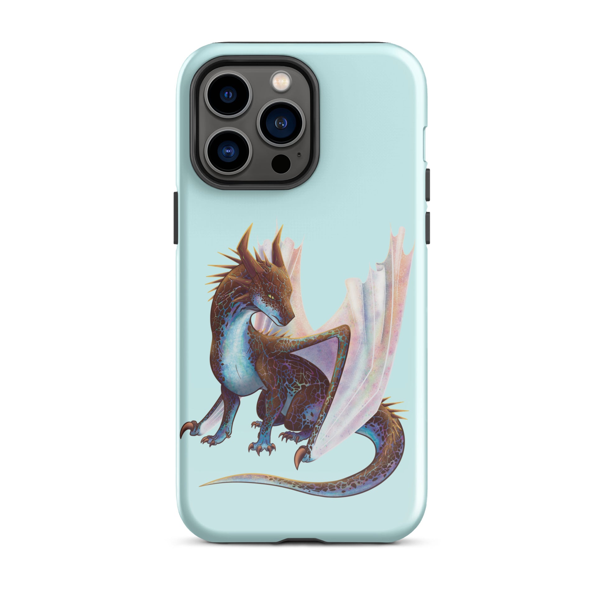 A mint in color tough phone case for an Apple iPhone 14 pro max, with a glossy finish featuring a sitting, side profile of a dragon that has the features of a boulder opal with hues of blue, green, purple, and pink on the underbelly and cracks of the rough, brown hue, rock scales. The wings are tucked back and are of an iridescent shimmery hue