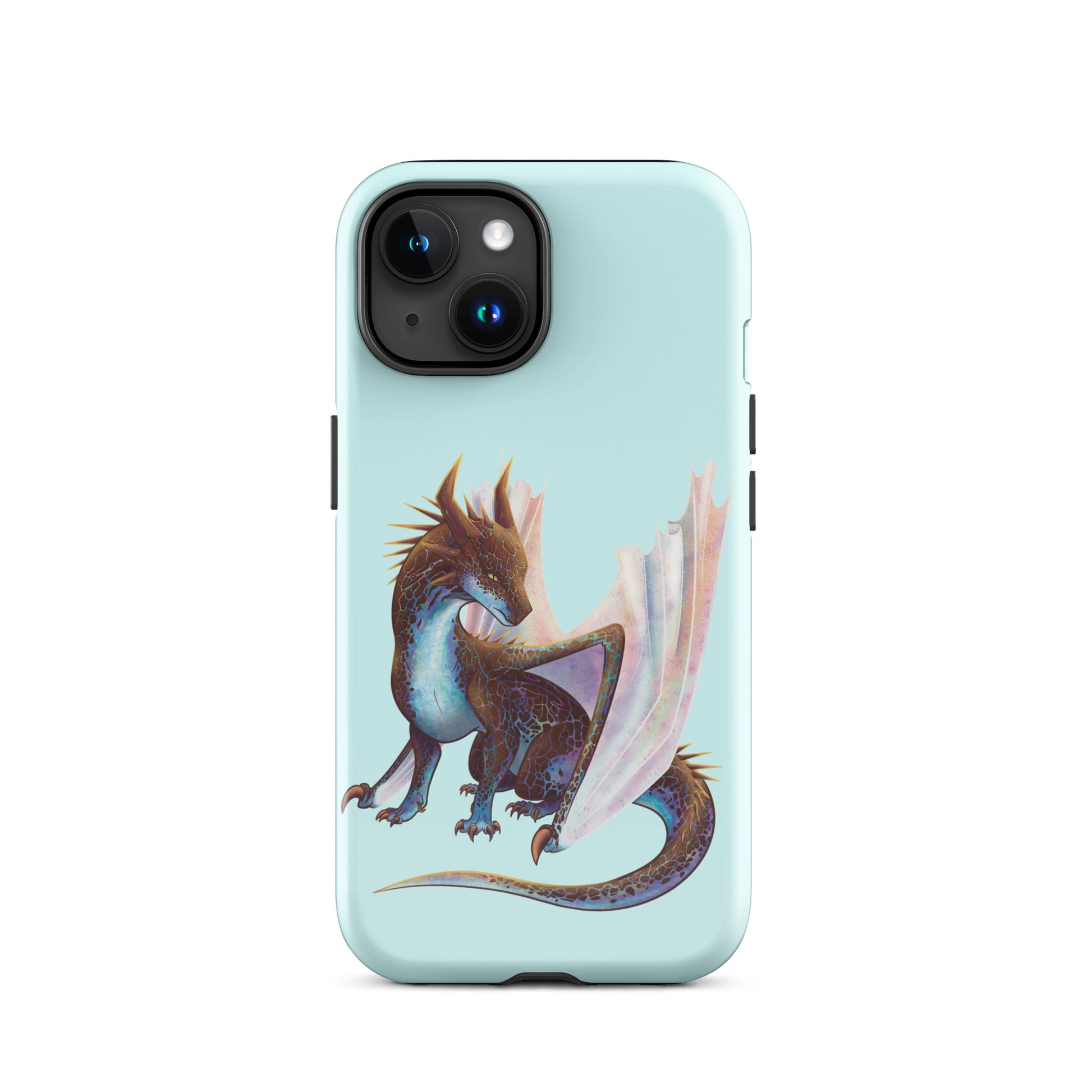 A mint in color tough phone case for an Apple iPhone 15, with a glossy finish featuring a sitting, side profile of a dragon that has the features of a boulder opal with hues of blue, green, purple, and pink on the underbelly and cracks of the rough, brown hue, rock scales. The wings are tucked back and are of an iridescent shimmery hue