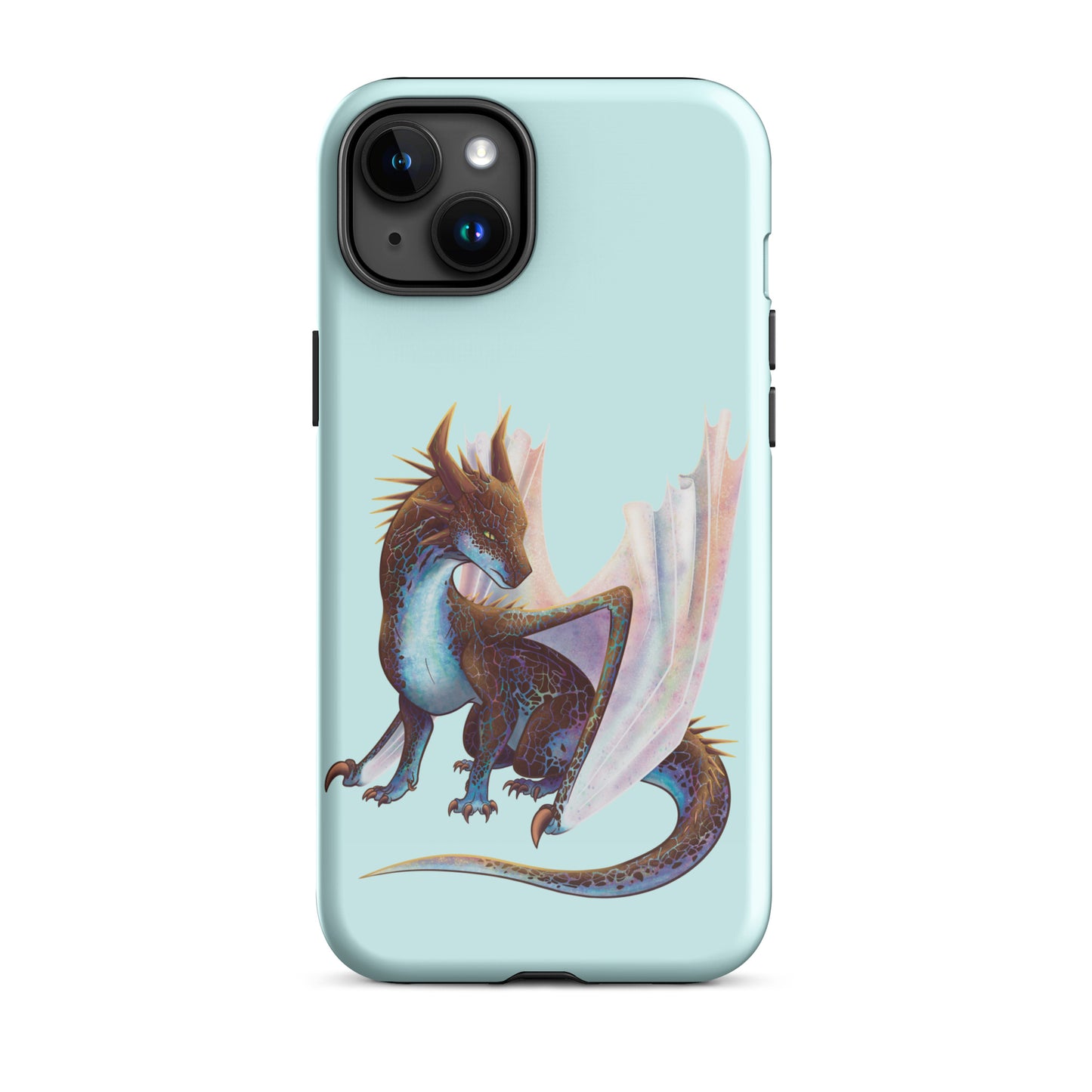 A mint in color tough phone case for an Apple iPhone 15 plus, with a glossy finish featuring a sitting, side profile of a dragon that has the features of a boulder opal with hues of blue, green, purple, and pink on the underbelly and cracks of the rough, brown hue, rock scales. The wings are tucked back and are of an iridescent shimmery hue