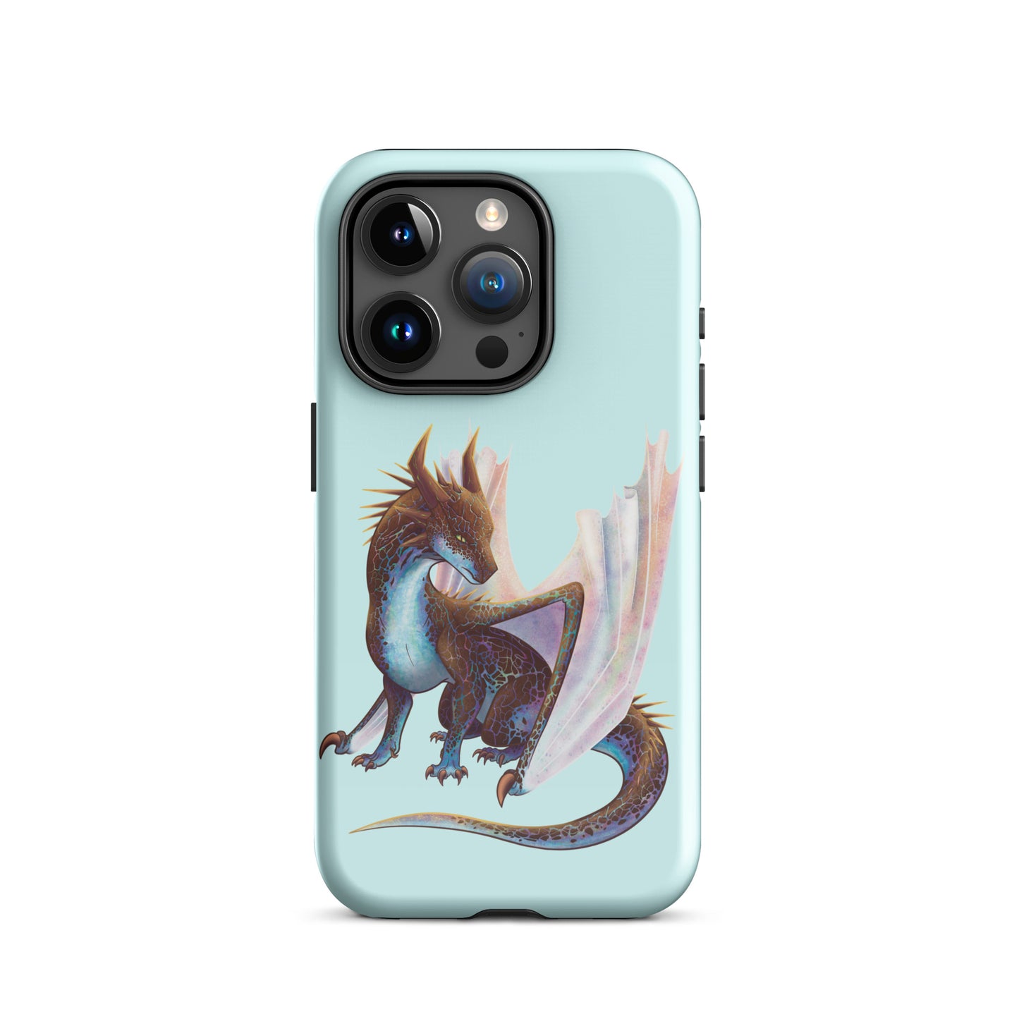 A mint in color tough phone case for an Apple iPhone 15 pro, with a glossy finish featuring a sitting, side profile of a dragon that has the features of a boulder opal with hues of blue, green, purple, and pink on the underbelly and cracks of the rough, brown hue, rock scales. The wings are tucked back and are of an iridescent shimmery hue