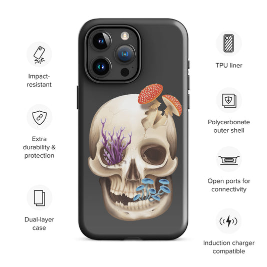 A dark grey tough phone case for an Apple iPhone 15 pro max with a glossy finish featuring a human skull with various fungi growing out of it