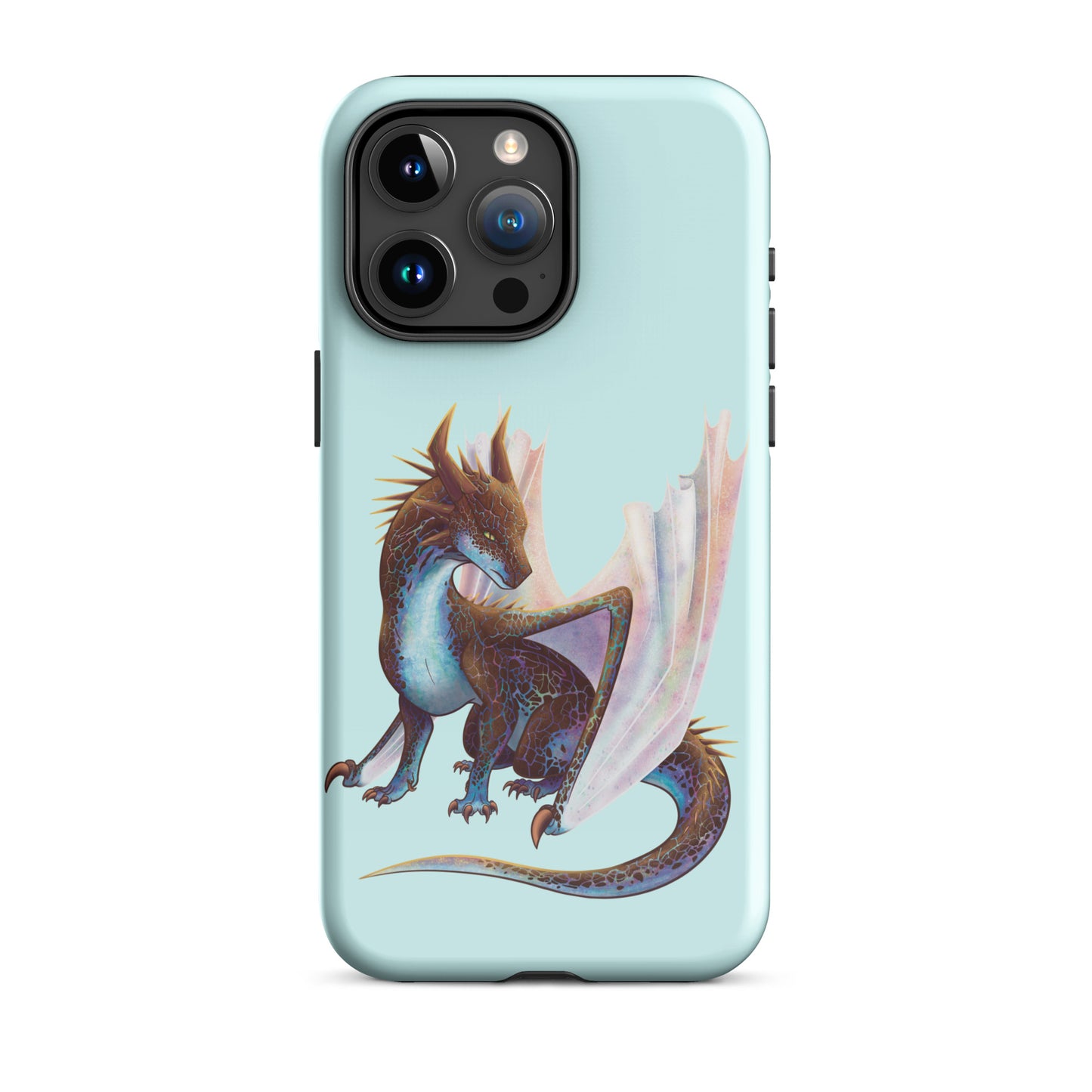 A mint in color tough phone case for an Apple iPhone 15 pro max, with a glossy finish featuring a sitting, side profile of a dragon that has the features of a boulder opal with hues of blue, green, purple, and pink on the underbelly and cracks of the rough, brown hue, rock scales. The wings are tucked back and are of an iridescent shimmery hue