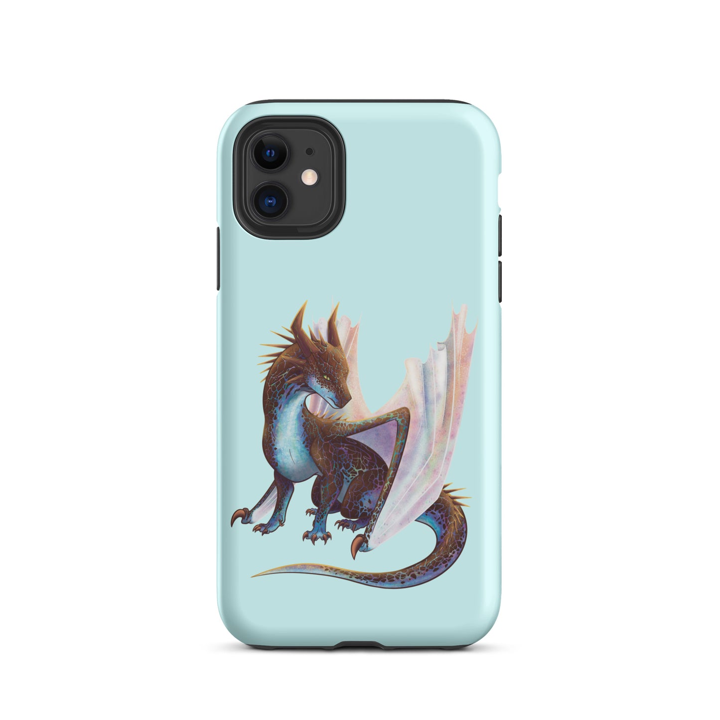 A mint in color tough phone case for an Apple iPhone 11, with a matte finish featuring a sitting, side profile of a dragon that has the features of a boulder opal with hues of blue, green, purple, and pink on the underbelly and cracks of the rough, brown hue, rock scales. The wings are tucked back and are of an iridescent shimmery hue