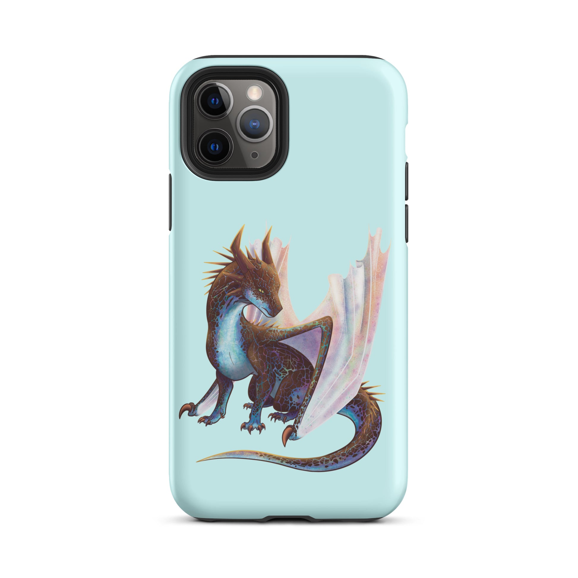 A mint in color tough phone case for an Apple iPhone 11 pro, with a matte finish featuring a sitting, side profile of a dragon that has the features of a boulder opal with hues of blue, green, purple, and pink on the underbelly and cracks of the rough, brown hue, rock scales. The wings are tucked back and are of an iridescent shimmery hue