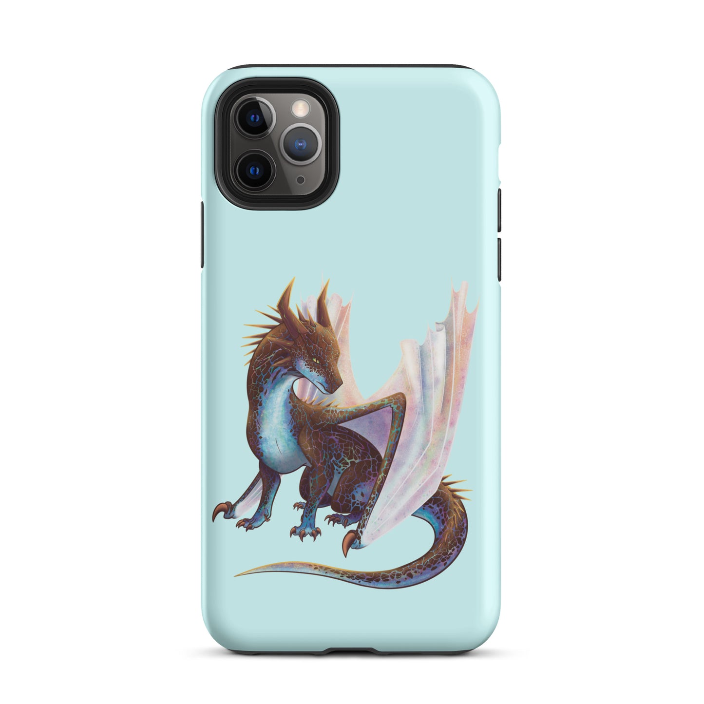 A mint in color tough phone case for an Apple iPhone 11 pro max, with a matte finish featuring a sitting, side profile of a dragon that has the features of a boulder opal with hues of blue, green, purple, and pink on the underbelly and cracks of the rough, brown hue, rock scales. The wings are tucked back and are of an iridescent shimmery hue