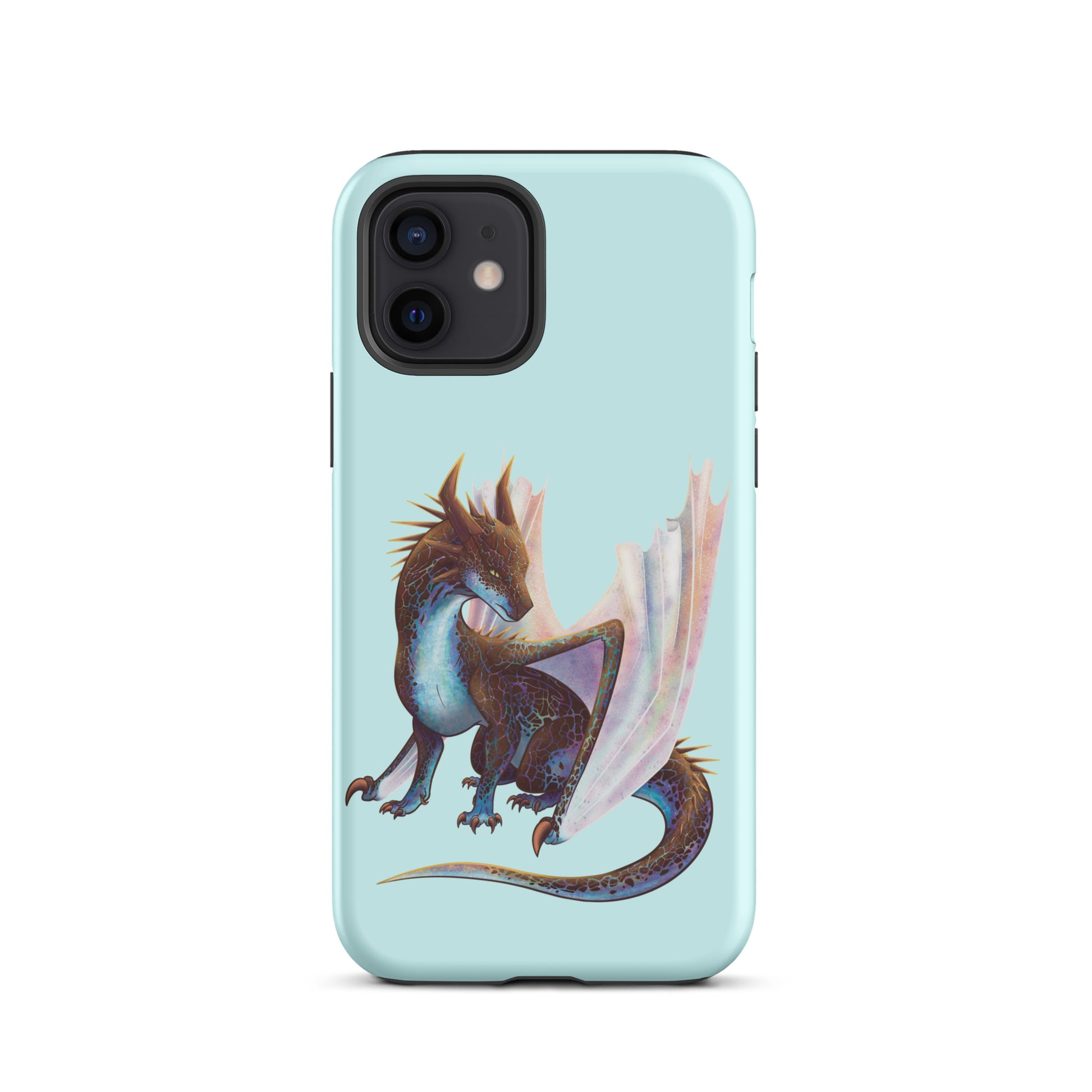 A mint in color tough phone case for an Apple iPhone 12, with a matte finish featuring a sitting, side profile of a dragon that has the features of a boulder opal with hues of blue, green, purple, and pink on the underbelly and cracks of the rough, brown hue, rock scales. The wings are tucked back and are of an iridescent shimmery hue