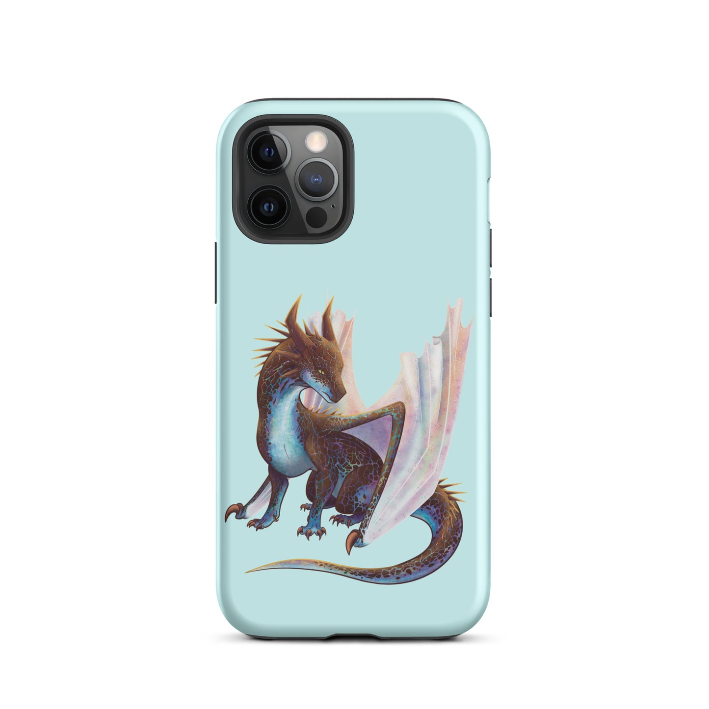 A mint in color tough phone case for an Apple iPhone 12 pro, with a matte finish featuring a sitting, side profile of a dragon that has the features of a boulder opal with hues of blue, green, purple, and pink on the underbelly and cracks of the rough, brown hue, rock scales. The wings are tucked back and are of an iridescent shimmery hue