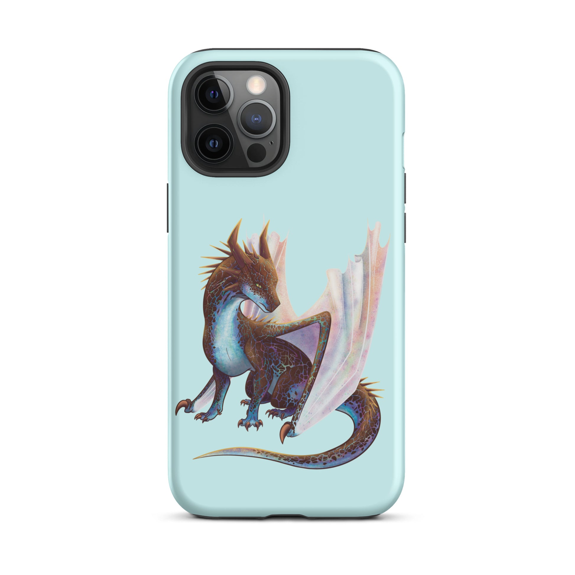 A mint in color tough phone case for an Apple iPhone 12 pro max, with a matte finish featuring a sitting, side profile of a dragon that has the features of a boulder opal with hues of blue, green, purple, and pink on the underbelly and cracks of the rough, brown hue, rock scales. The wings are tucked back and are of an iridescent shimmery hue