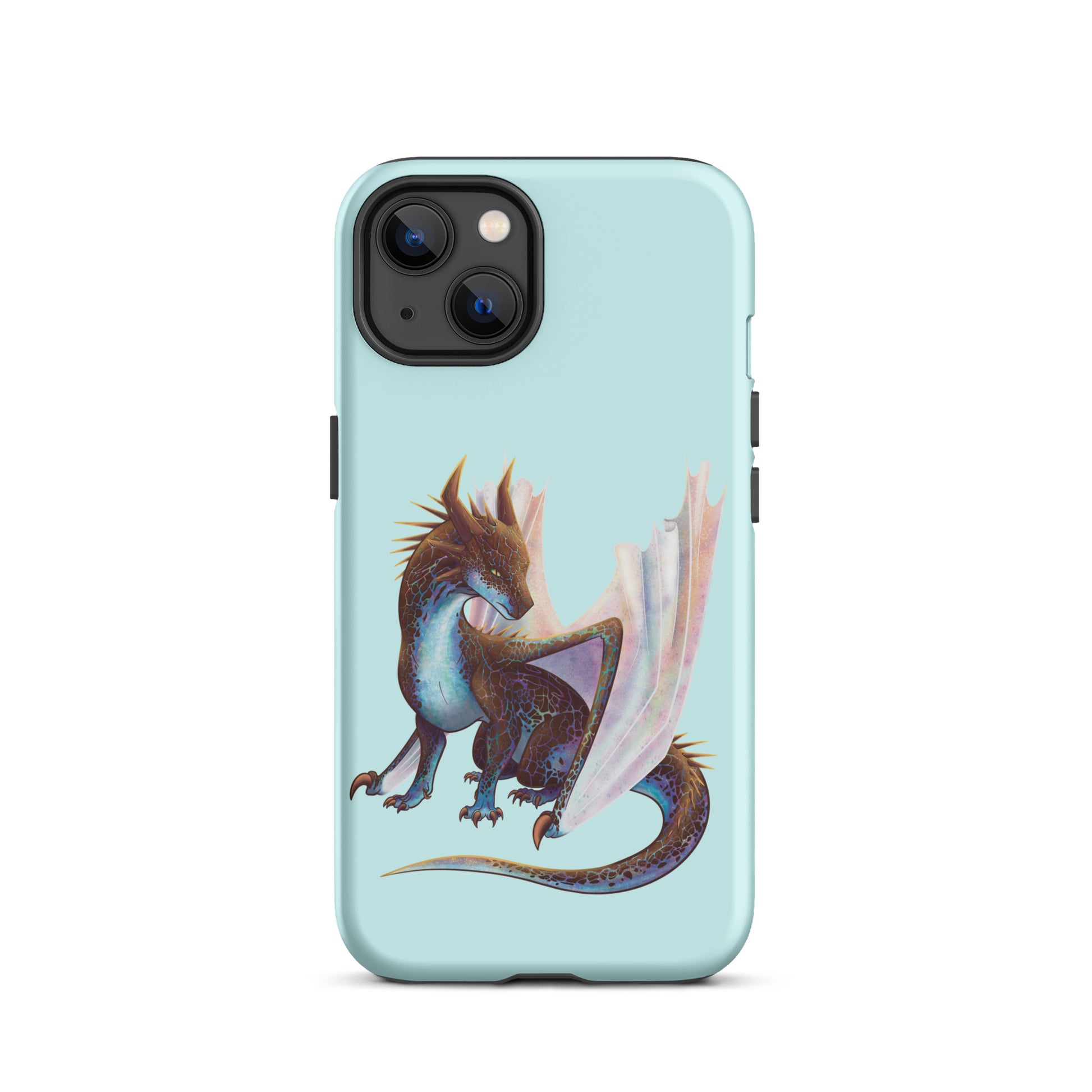 A mint in color tough phone case for an Apple iPhone 13, with a matte finish featuring a sitting, side profile of a dragon that has the features of a boulder opal with hues of blue, green, purple, and pink on the underbelly and cracks of the rough, brown hue, rock scales. The wings are tucked back and are of an iridescent shimmery hue