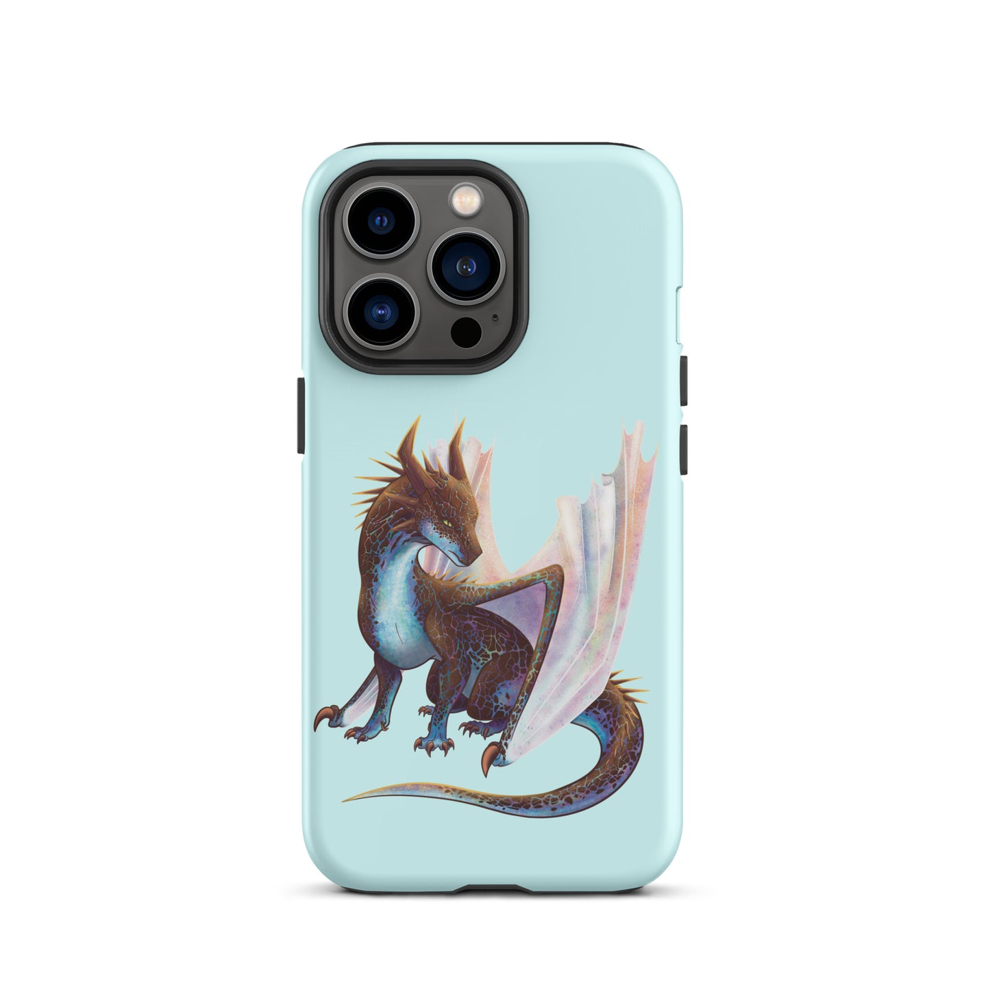 A mint in color tough phone case for an Apple iPhone 13 pro, with a matte finish featuring a sitting, side profile of a dragon that has the features of a boulder opal with hues of blue, green, purple, and pink on the underbelly and cracks of the rough, brown hue, rock scales. The wings are tucked back and are of an iridescent shimmery hue