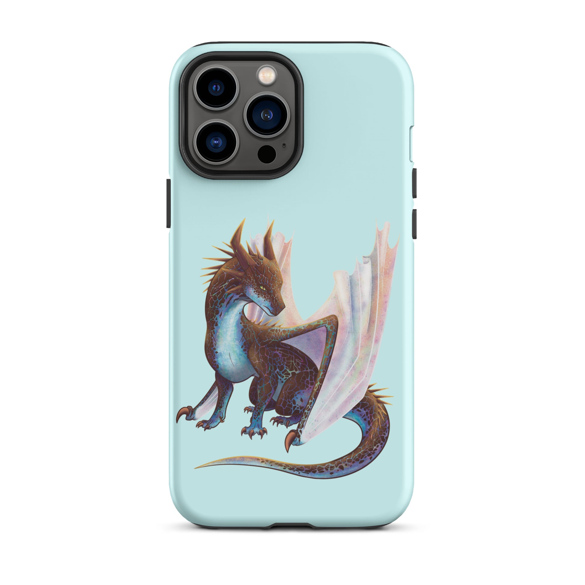 A mint in color tough phone case for an Apple iPhone 13 pro max, with a matte finish featuring a sitting, side profile of a dragon that has the features of a boulder opal with hues of blue, green, purple, and pink on the underbelly and cracks of the rough, brown hue, rock scales. The wings are tucked back and are of an iridescent shimmery hue