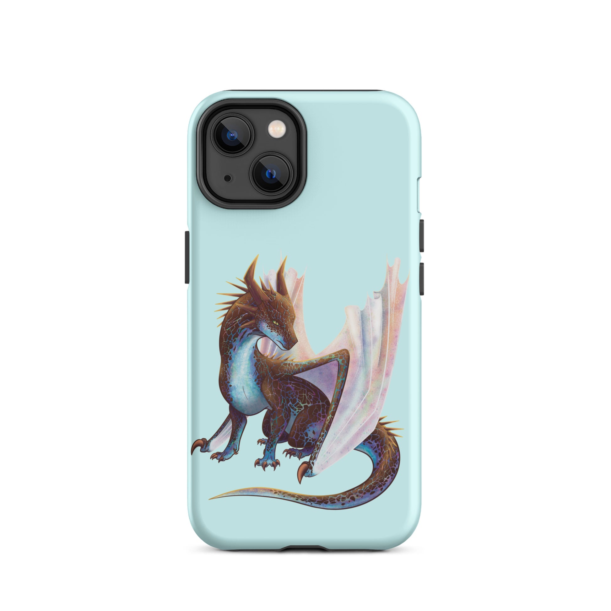 A mint in color tough phone case for an Apple iPhone 14, with a matte finish featuring a sitting, side profile of a dragon that has the features of a boulder opal with hues of blue, green, purple, and pink on the underbelly and cracks of the rough, brown hue, rock scales. The wings are tucked back and are of an iridescent shimmery hue