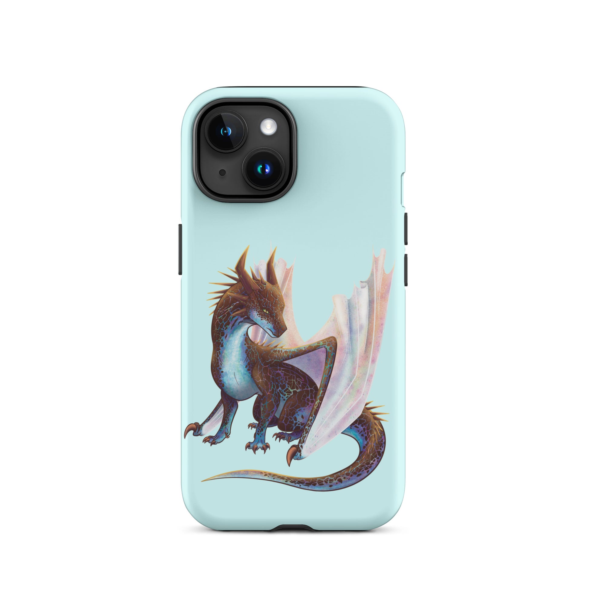 A mint in color tough phone case for an Apple iPhone 15, with a matte finish featuring a sitting, side profile of a dragon that has the features of a boulder opal with hues of blue, green, purple, and pink on the underbelly and cracks of the rough, brown hue, rock scales. The wings are tucked back and are of an iridescent shimmery hue