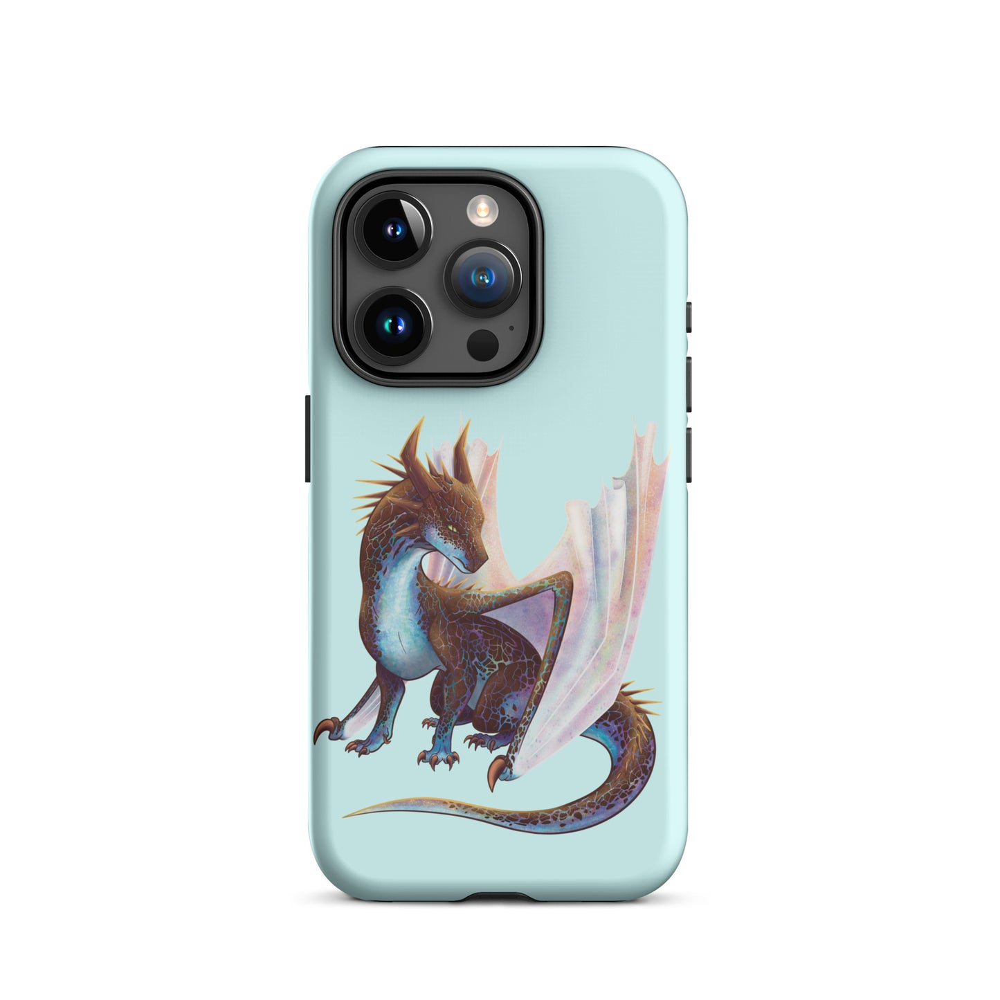 A mint in color tough phone case for an Apple iPhone 15 pro, with a matte finish featuring a sitting, side profile of a dragon that has the features of a boulder opal with hues of blue, green, purple, and pink on the underbelly and cracks of the rough, brown hue, rock scales. The wings are tucked back and are of an iridescent shimmery hue