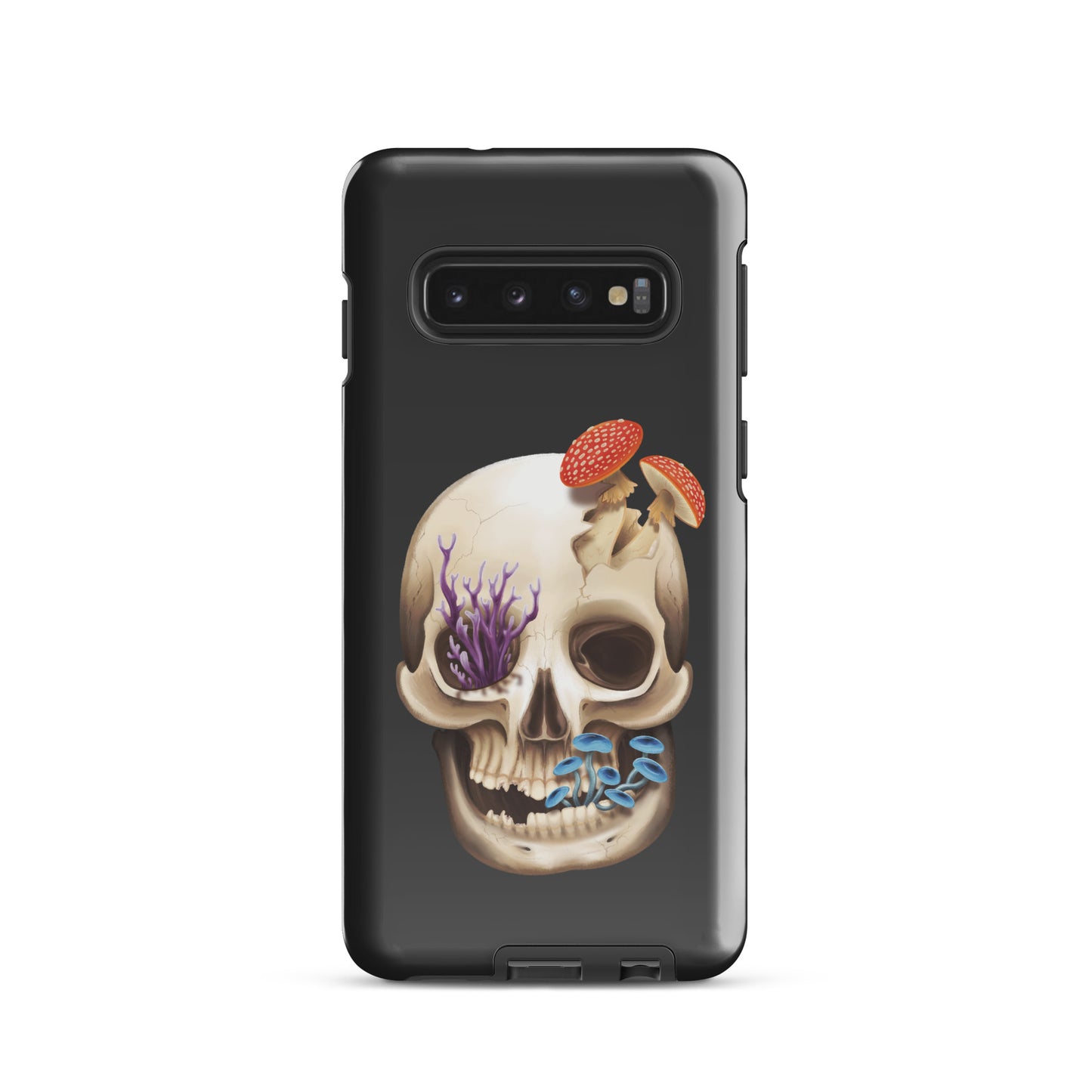 A dark grey tough phone case for a Samsung Galaxy S10 with a glossy finish featuring a human skull with various fungi growing out of it