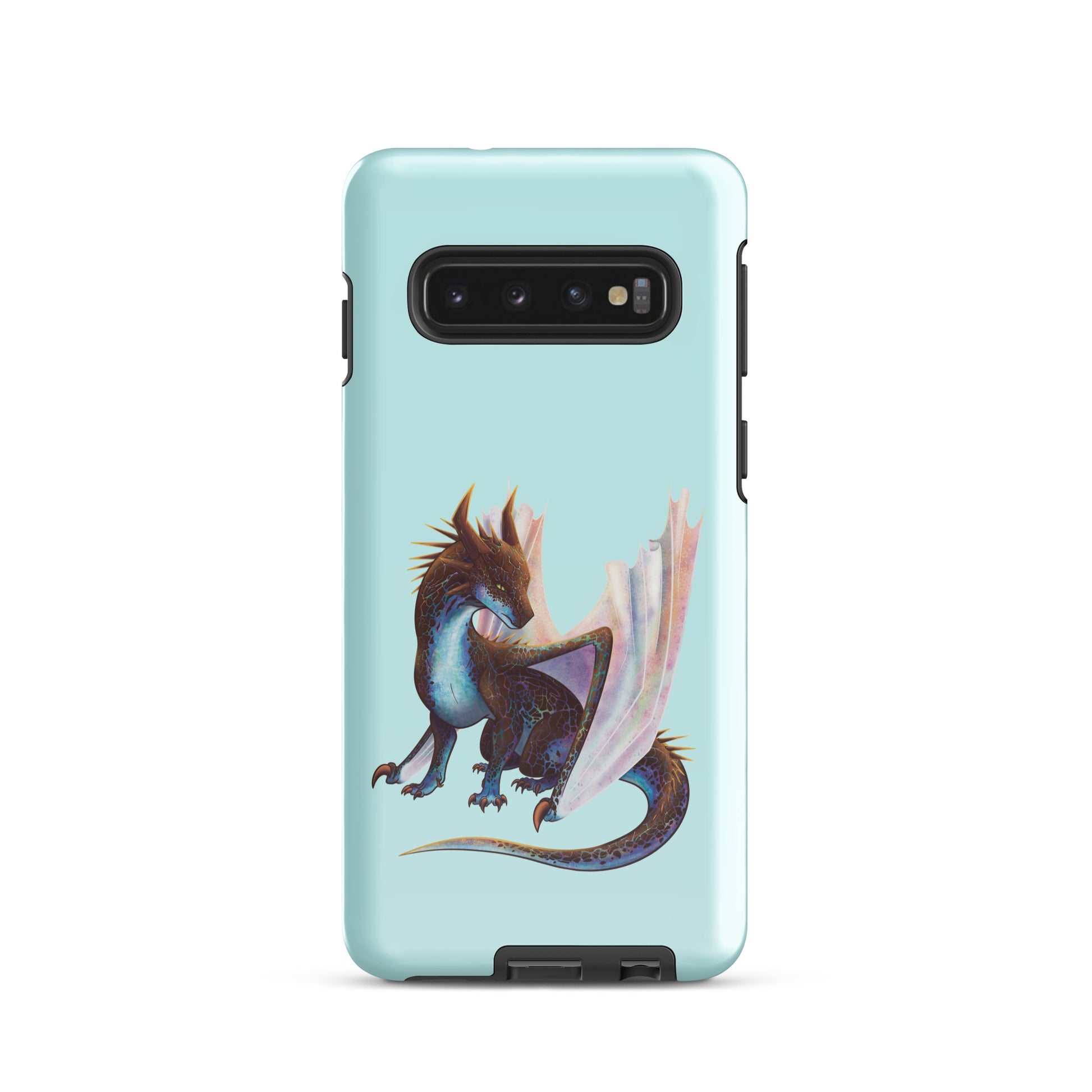 A mint in color tough phone case for a Samsung Galaxy S10 with a glossy finish featuring a sitting, side profile of a dragon that has the features of a boulder opal with hues of blue, green, purple, and pink on the underbelly and cracks of the rough, brown hue, rock scales. The wings are tucked back and are of an iridescent shimmery hue