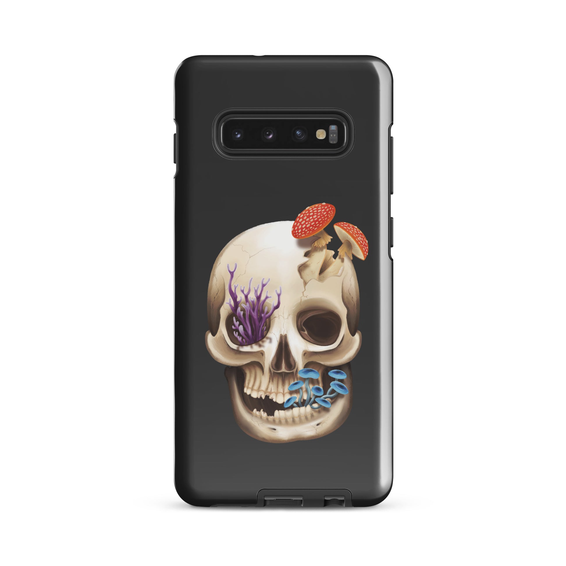 A dark grey tough phone case for a Samsung Galaxy S10 plus with a glossy finish featuring a human skull with various fungi growing out of it