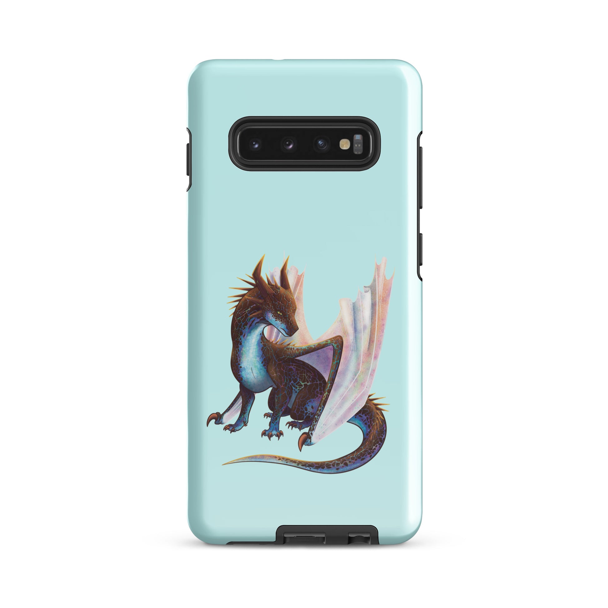 A mint in color tough phone case for a Samsung Galaxy S10 plus with a glossy finish featuring a sitting, side profile of a dragon that has the features of a boulder opal with hues of blue, green, purple, and pink on the underbelly and cracks of the rough, brown hue, rock scales. The wings are tucked back and are of an iridescent shimmery hue