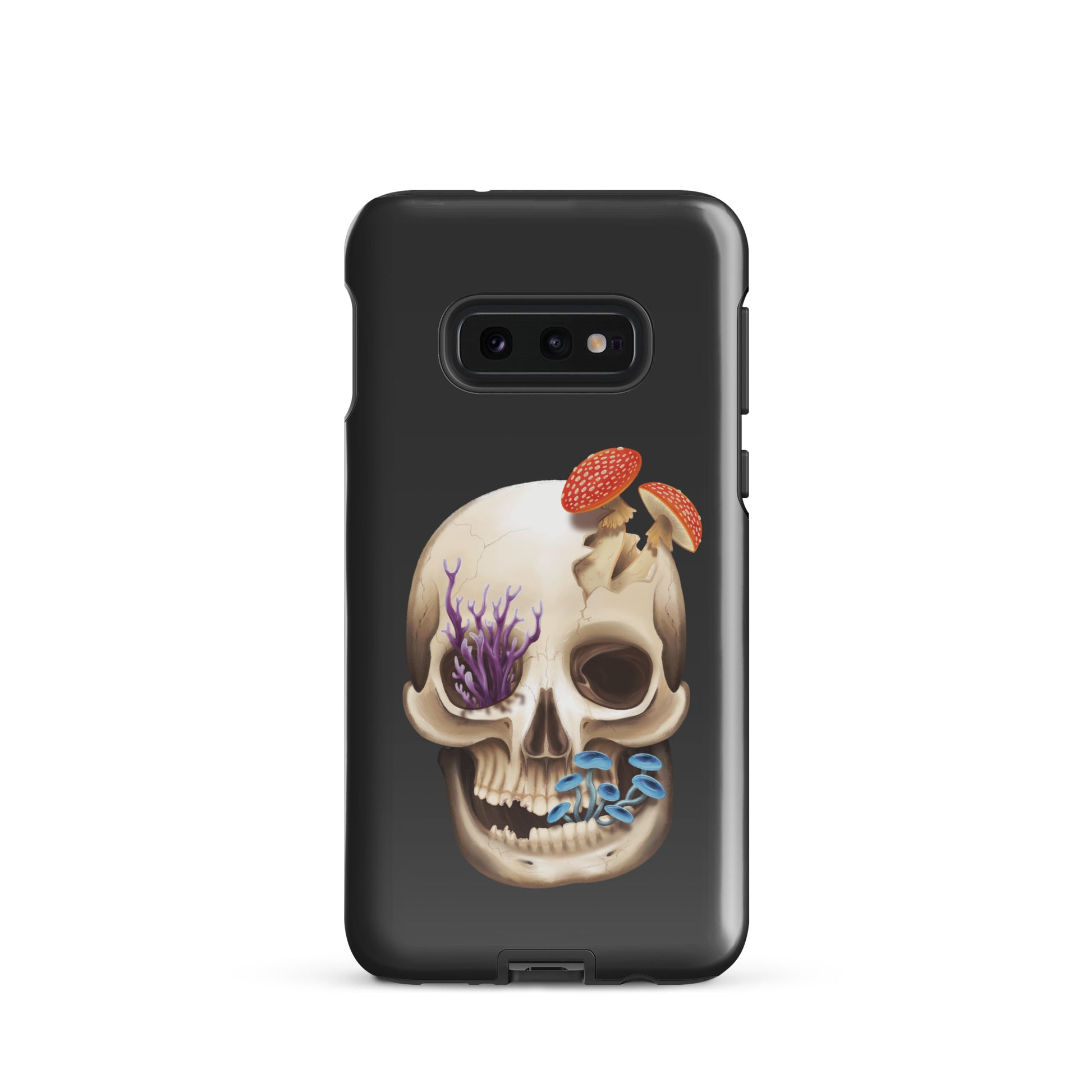 A dark grey tough phone case for a Samsung Galaxy S10e with a glossy finish featuring a human skull with various fungi growing out of it