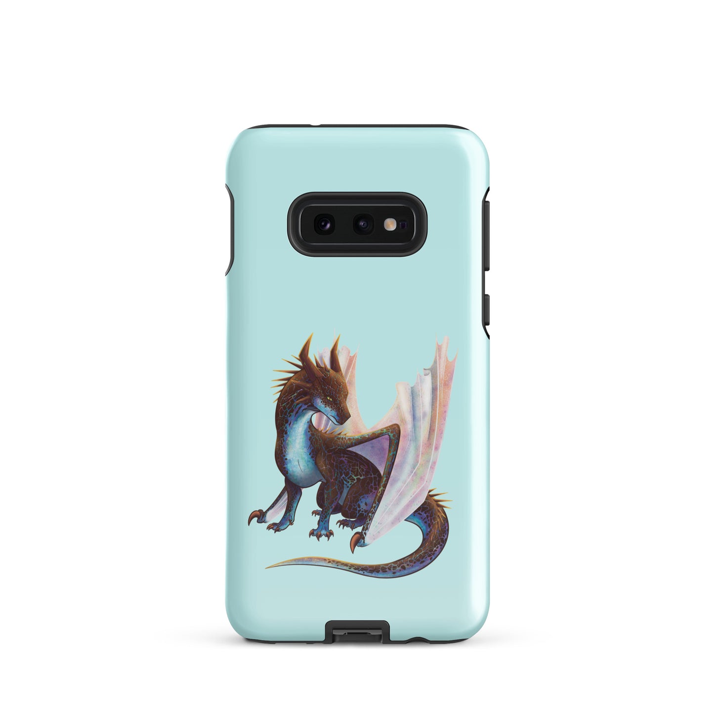 A mint in color tough phone case for a Samsung Galaxy S10e with a glossy finish featuring a sitting, side profile of a dragon that has the features of a boulder opal with hues of blue, green, purple, and pink on the underbelly and cracks of the rough, brown hue, rock scales. The wings are tucked back and are of an iridescent shimmery hue