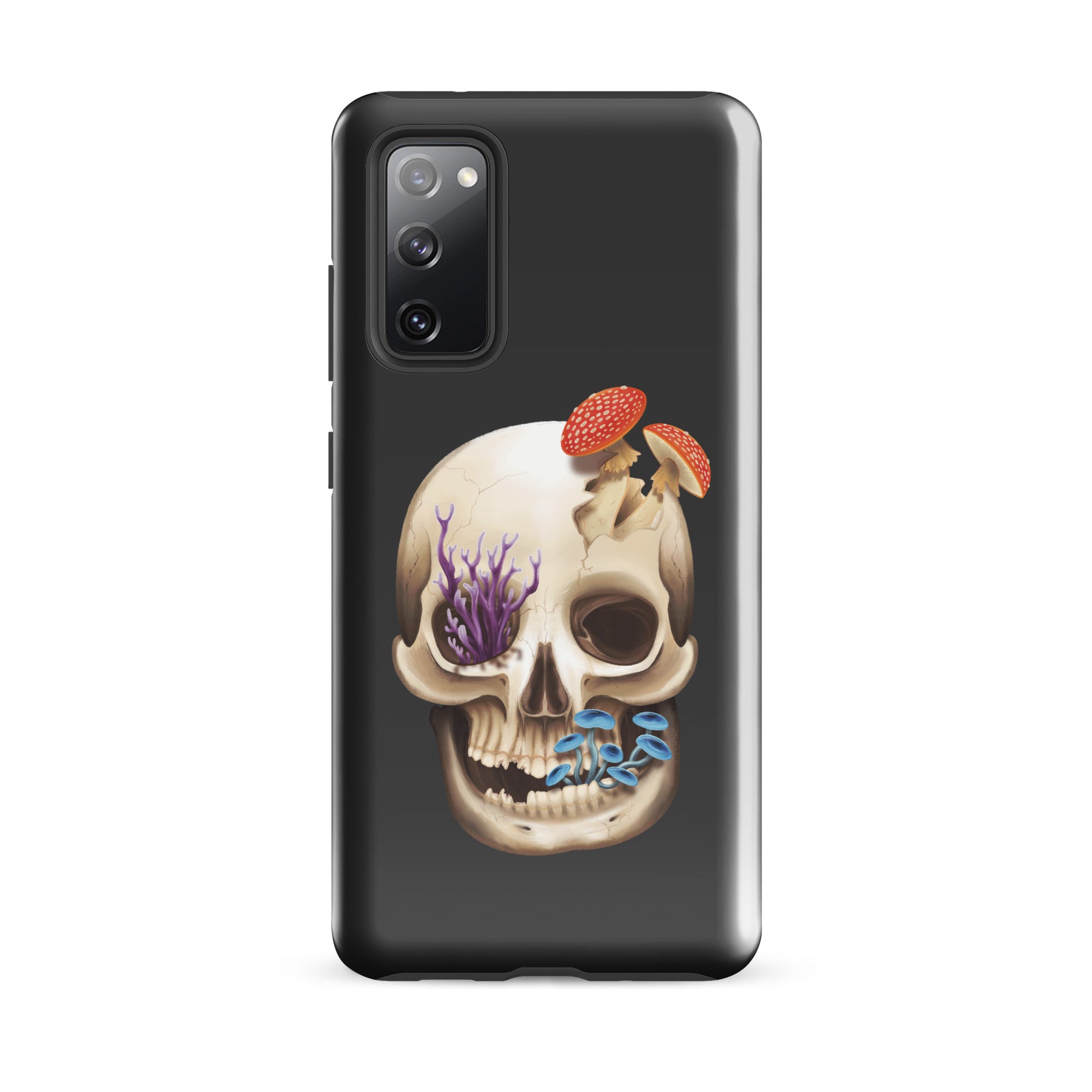 A dark grey tough phone case for a Samsung Galaxy S20fe with a glossy finish featuring a human skull with various fungi growing out of it