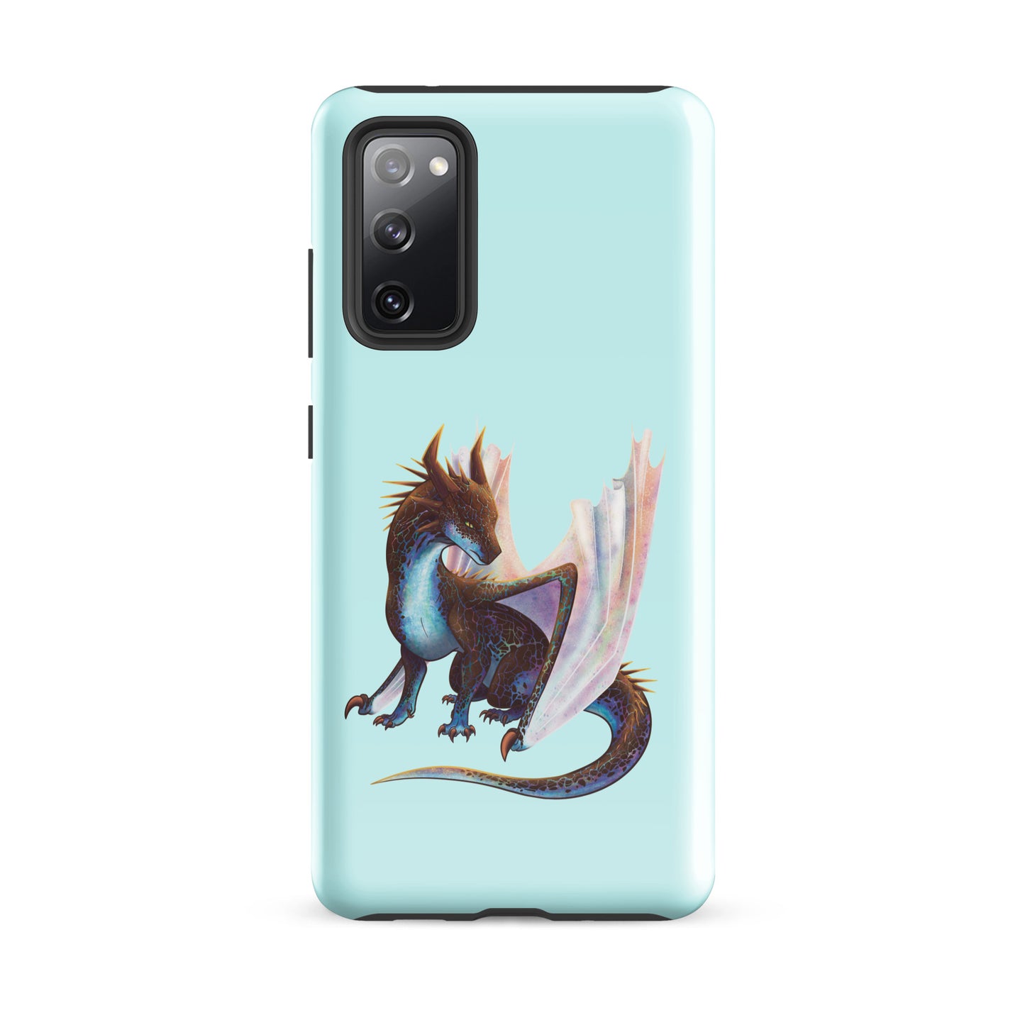 A mint in color tough phone case for a Samsung Galaxy S20 FE with a glossy finish featuring a sitting, side profile of a dragon that has the features of a boulder opal with hues of blue, green, purple, and pink on the underbelly and cracks of the rough, brown hue, rock scales. The wings are tucked back and are of an iridescent shimmery hue