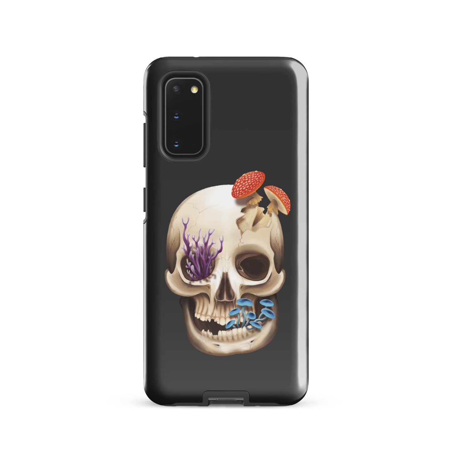 A dark grey tough phone case for a Samsung Galaxy S20 with a glossy finish featuring a human skull with various fungi growing out of it