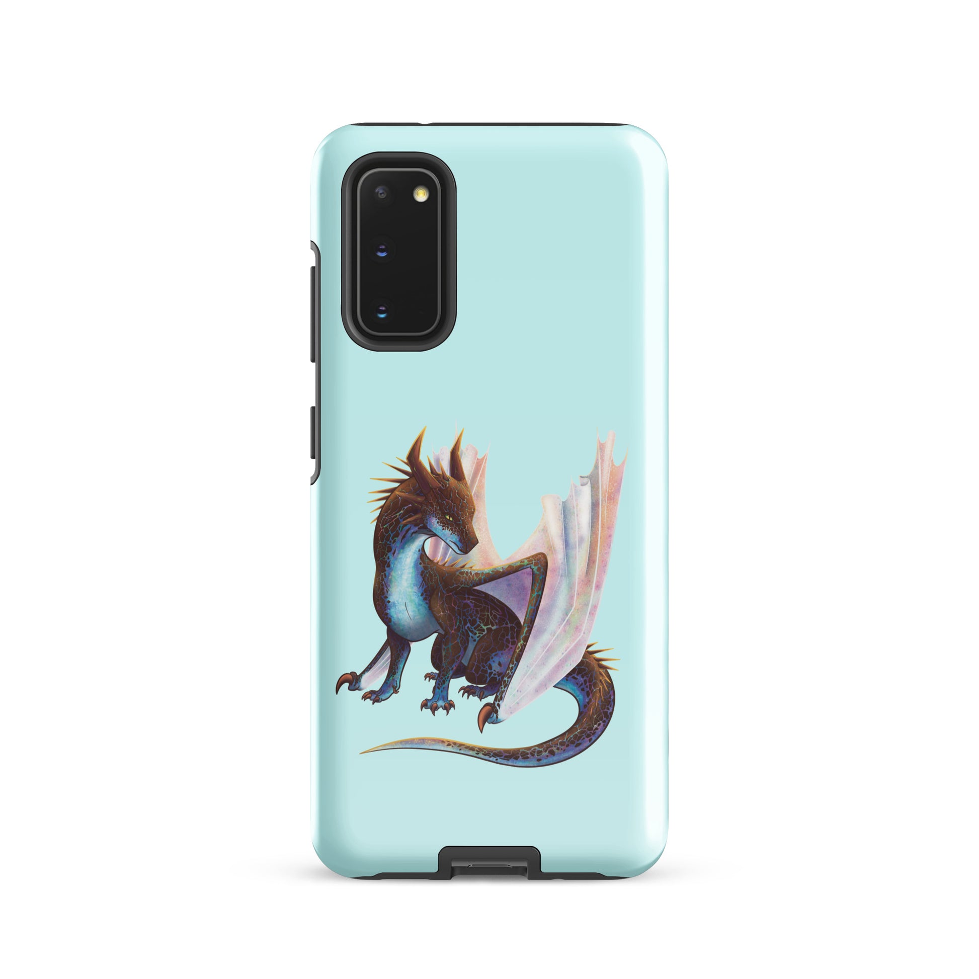 A mint in color tough phone case for a Samsung Galaxy S20 with a glossy finish featuring a sitting, side profile of a dragon that has the features of a boulder opal with hues of blue, green, purple, and pink on the underbelly and cracks of the rough, brown hue, rock scales. The wings are tucked back and are of an iridescent shimmery hue