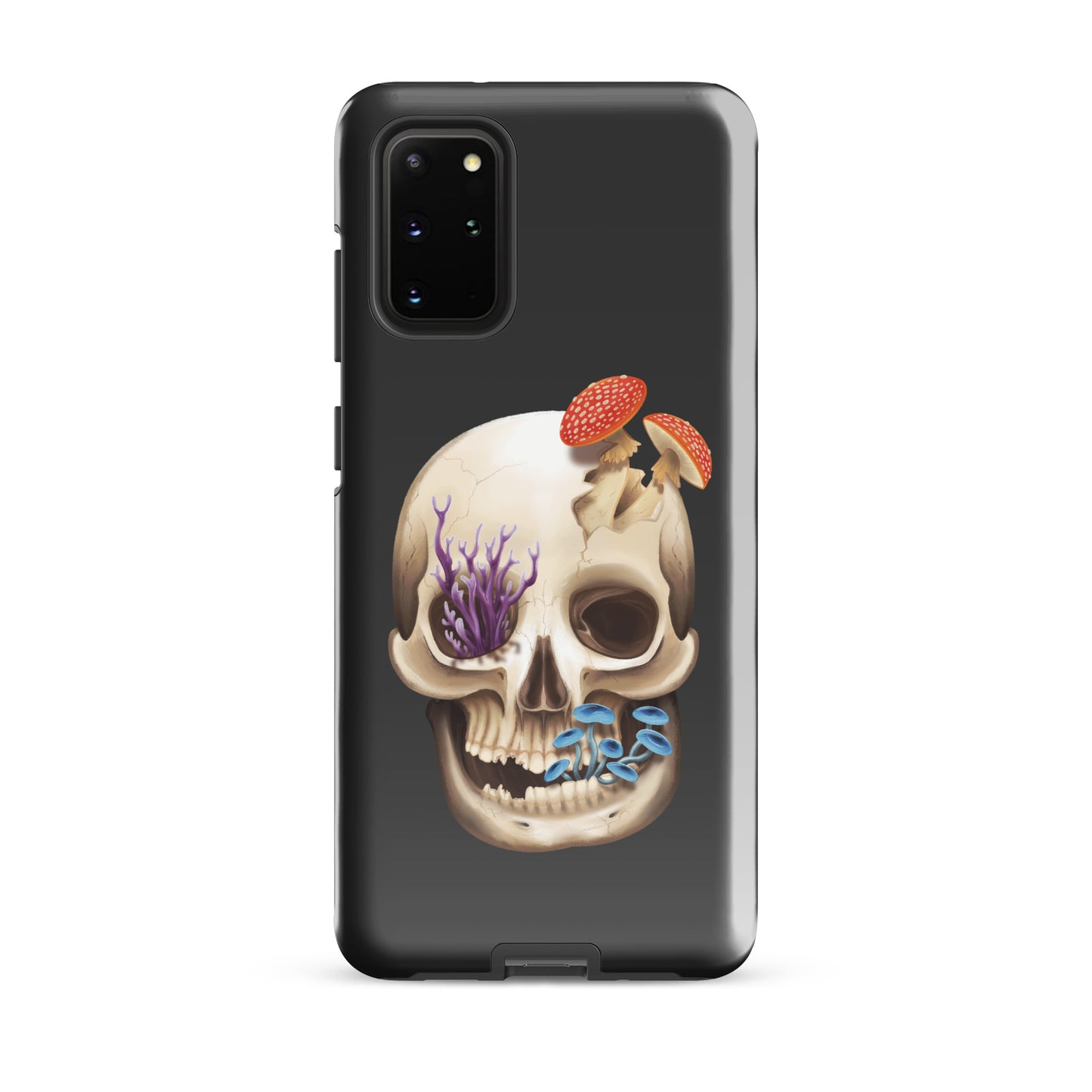 A dark grey tough phone case for a Samsung Galaxy S20 plus with a glossy finish featuring a human skull with various fungi growing out of it