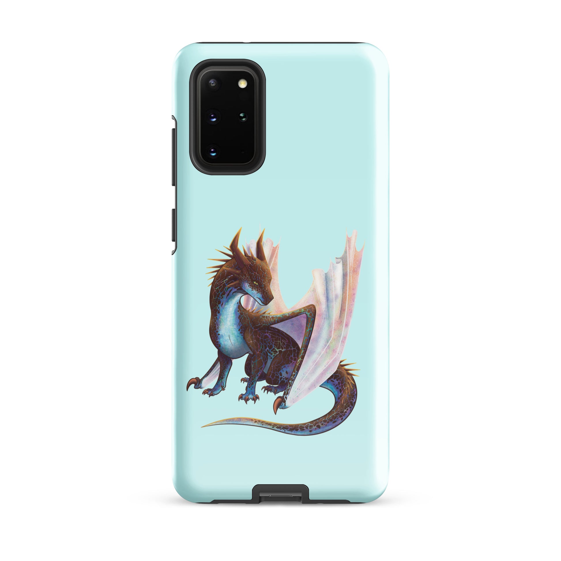 A mint in color tough phone case for a Samsung Galaxy S20 plus with a glossy finish featuring a sitting, side profile of a dragon that has the features of a boulder opal with hues of blue, green, purple, and pink on the underbelly and cracks of the rough, brown hue, rock scales. The wings are tucked back and are of an iridescent shimmery hue