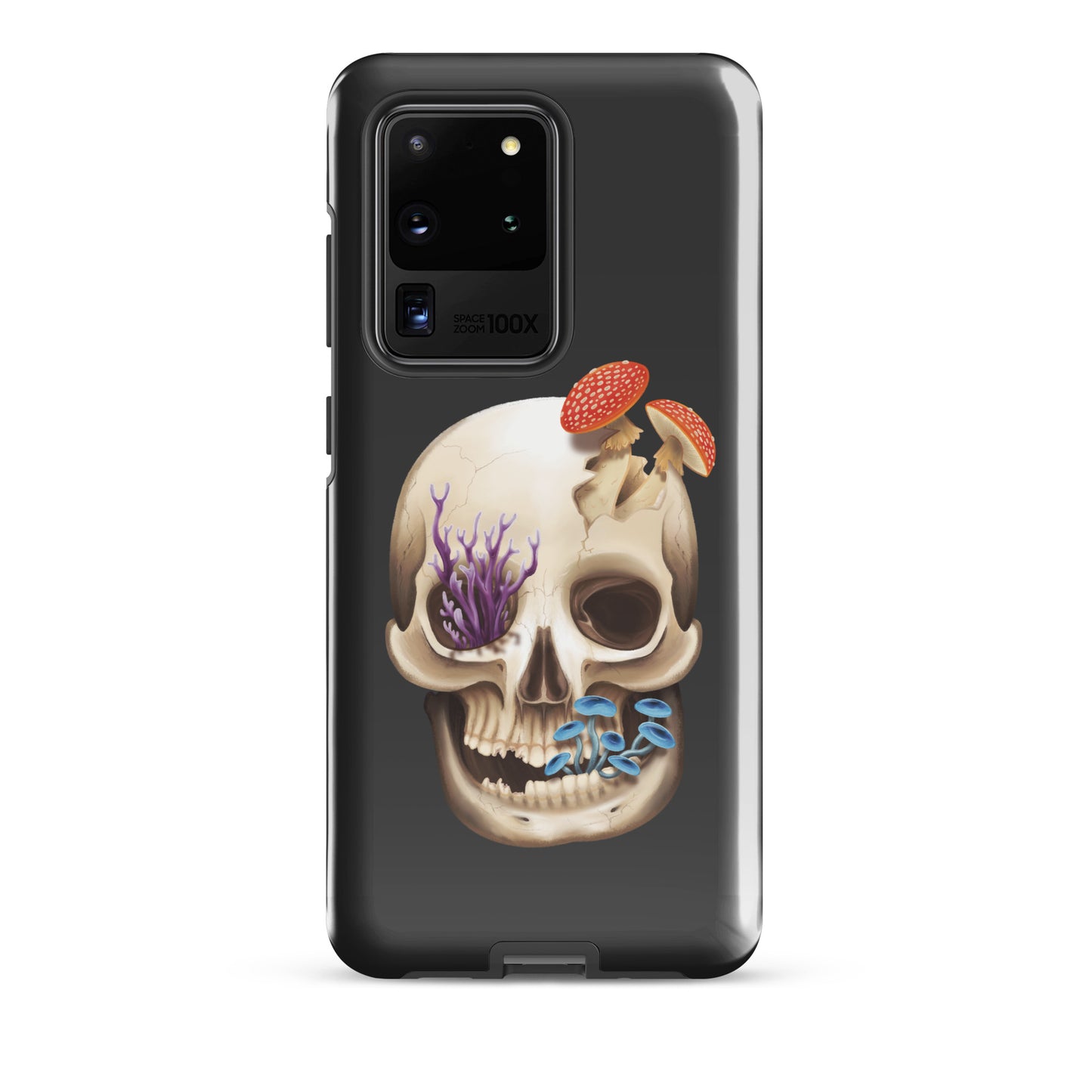 A dark grey tough phone case for a Samsung Galaxy S20 ultra with a glossy finish featuring a human skull with various fungi growing out of it