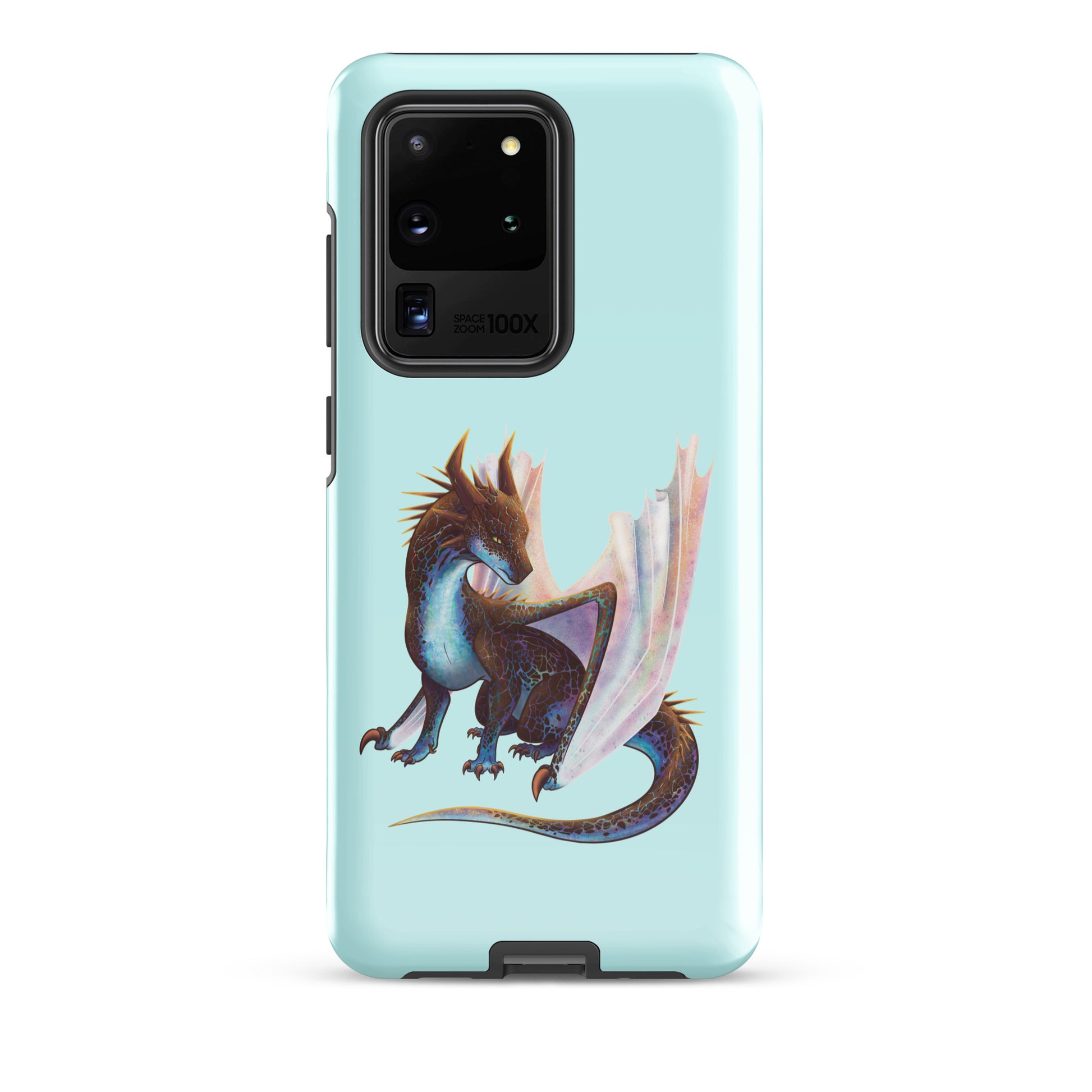 A mint in color tough phone case for a Samsung Galaxy S20 ultra with a glossy finish featuring a sitting, side profile of a dragon that has the features of a boulder opal with hues of blue, green, purple, and pink on the underbelly and cracks of the rough, brown hue, rock scales. The wings are tucked back and are of an iridescent shimmery hue