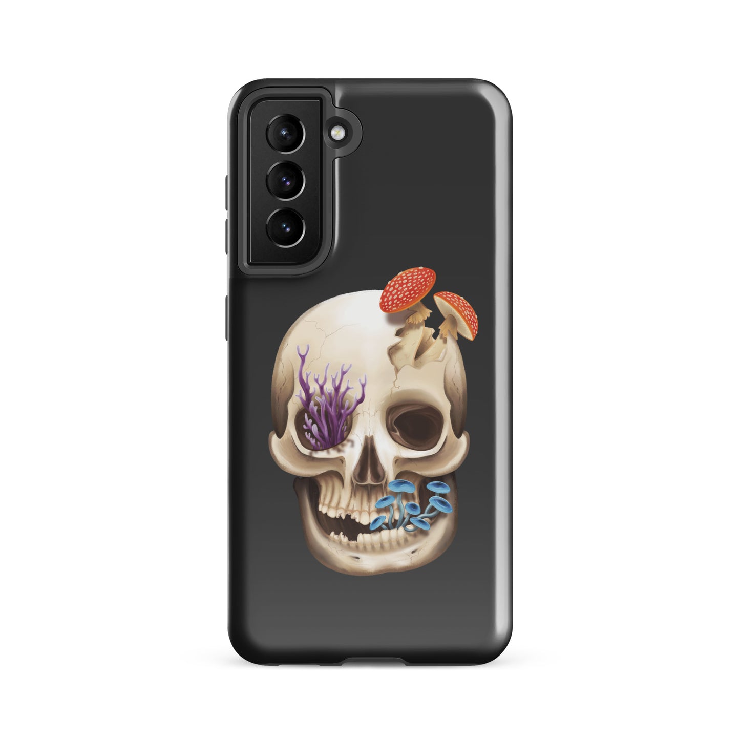 A dark grey tough phone case for a Samsung Galaxy S21fe with a glossy finish featuring a human skull with various fungi growing out of it