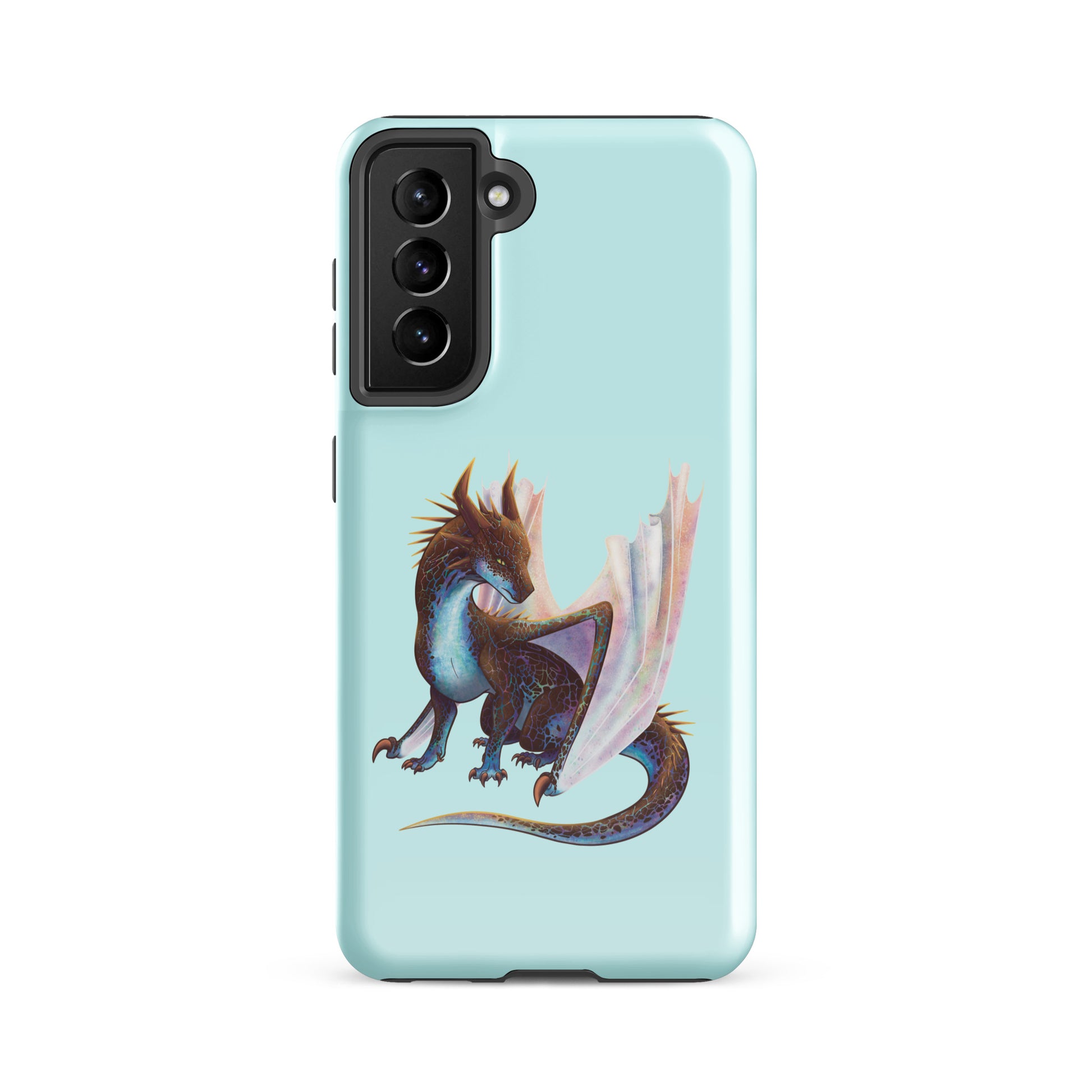 A mint in color tough phone case for a Samsung Galaxy S21 FE with a glossy finish featuring a sitting, side profile of a dragon that has the features of a boulder opal with hues of blue, green, purple, and pink on the underbelly and cracks of the rough, brown hue, rock scales. The wings are tucked back and are of an iridescent shimmery hue