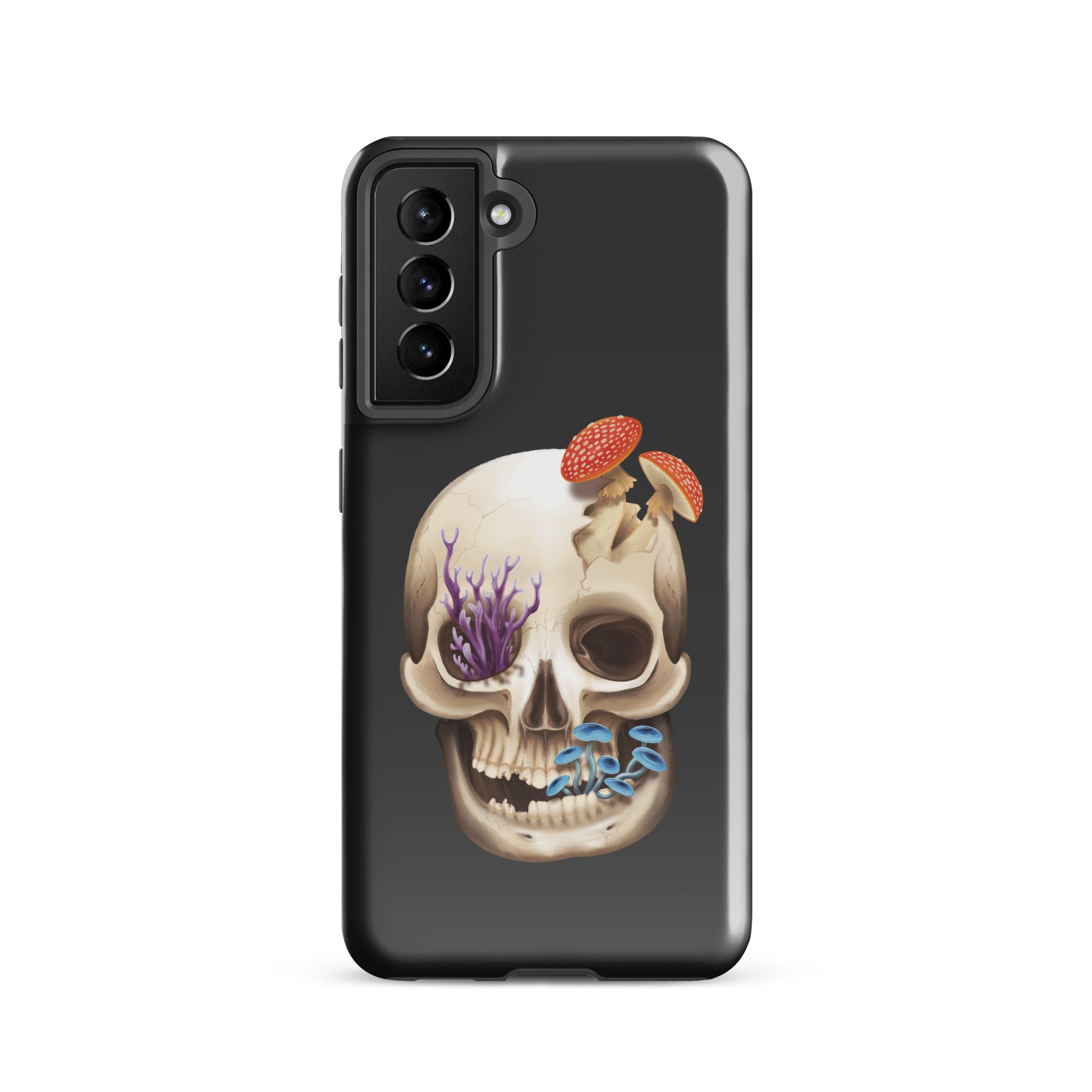 A dark grey tough phone case for a Samsung Galaxy S21 with a glossy finish featuring a human skull with various fungi growing out of it