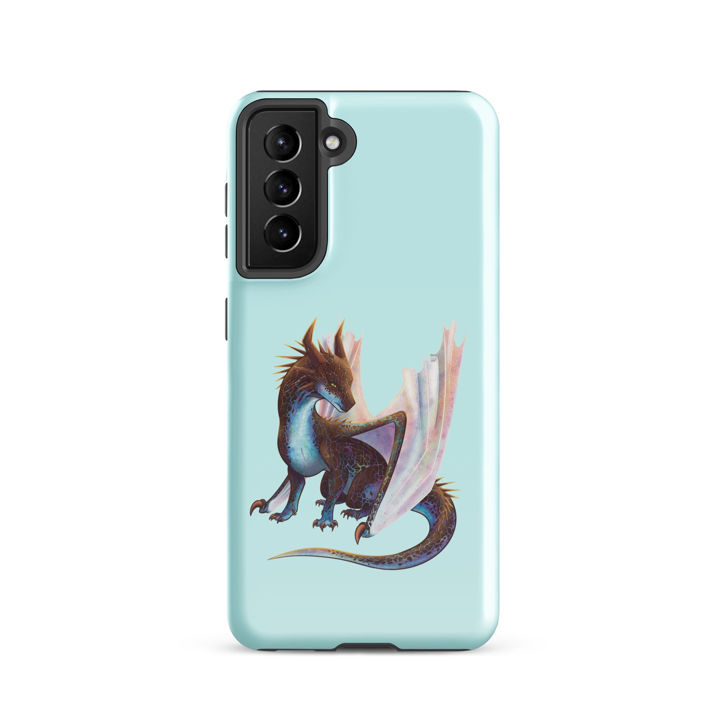 A mint in color tough phone case for a Samsung Galaxy S21 with a glossy finish featuring a sitting, side profile of a dragon that has the features of a boulder opal with hues of blue, green, purple, and pink on the underbelly and cracks of the rough, brown hue, rock scales. The wings are tucked back and are of an iridescent shimmery hue