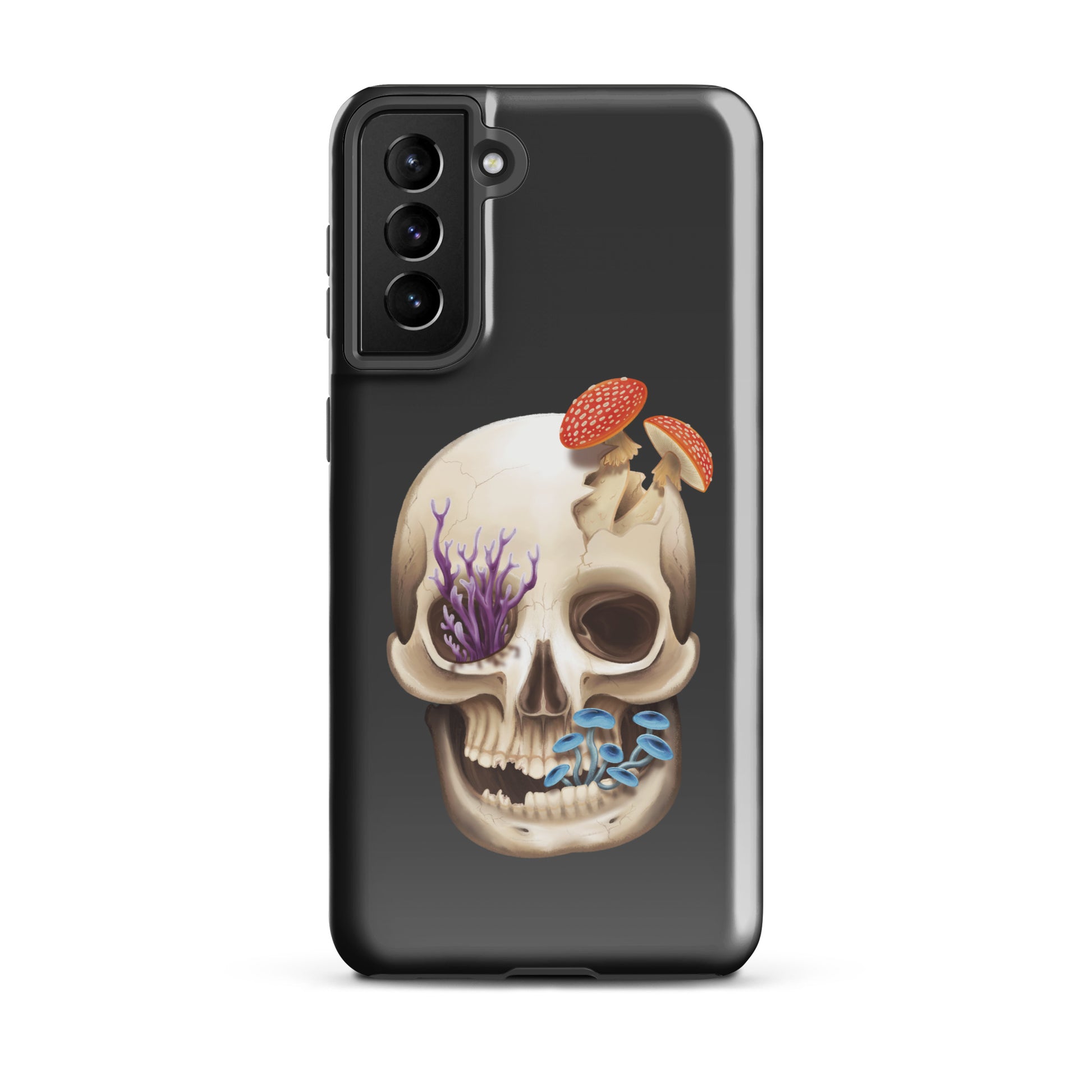 A dark grey tough phone case for a Samsung Galaxy S21 plus with a glossy finish featuring a human skull with various fungi growing out of it