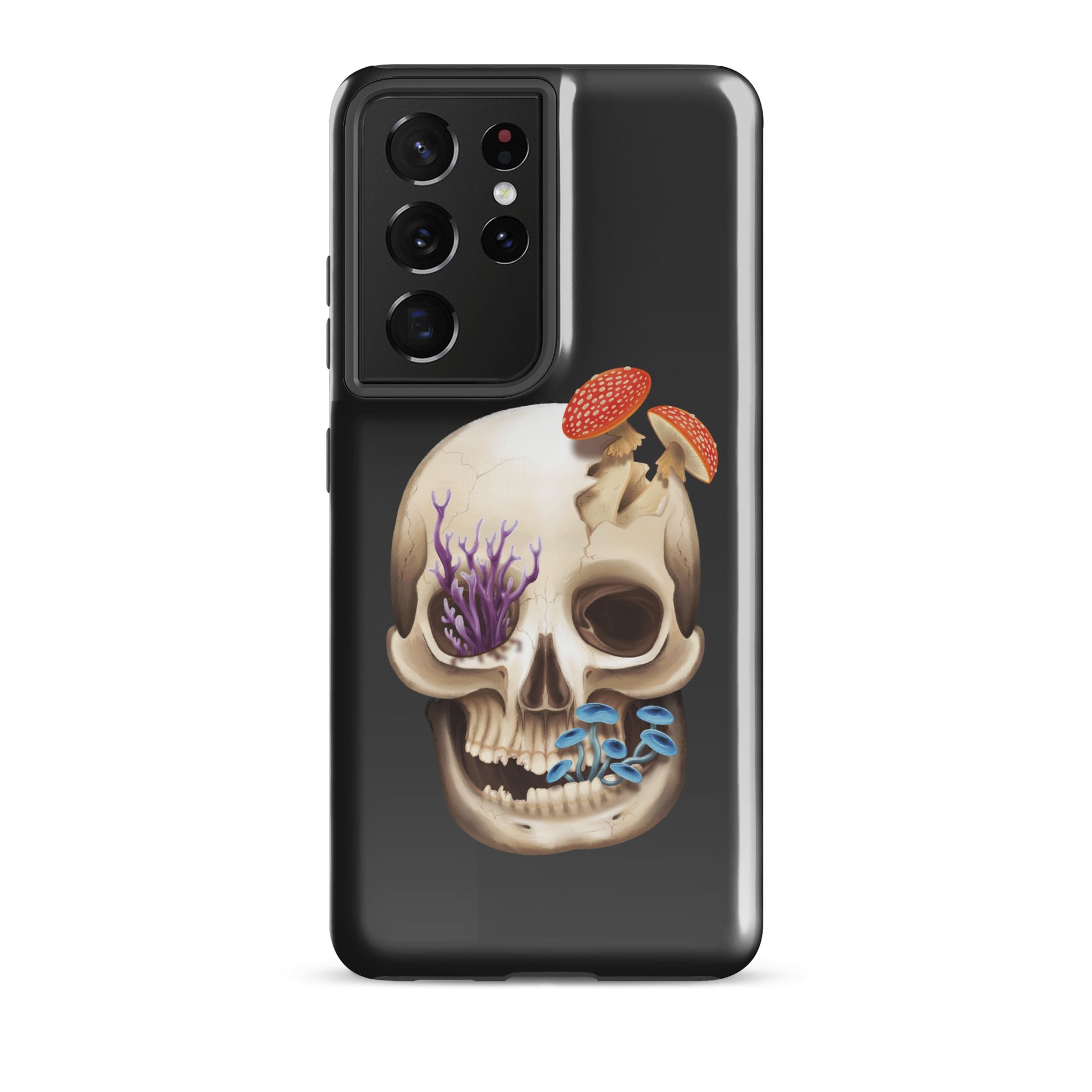 A dark grey tough phone case for a Samsung Galaxy S21 ultra with a glossy finish featuring a human skull with various fungi growing out of it