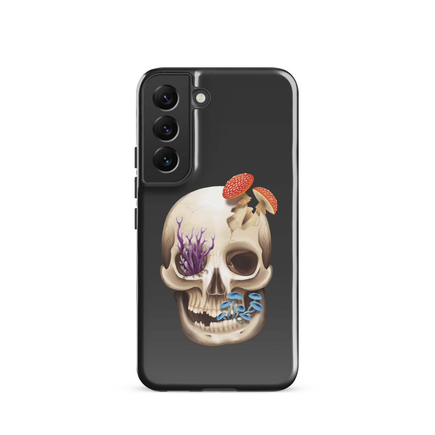 A dark grey tough phone case for a Samsung Galaxy S22 with a glossy finish featuring a human skull with various fungi growing out of it