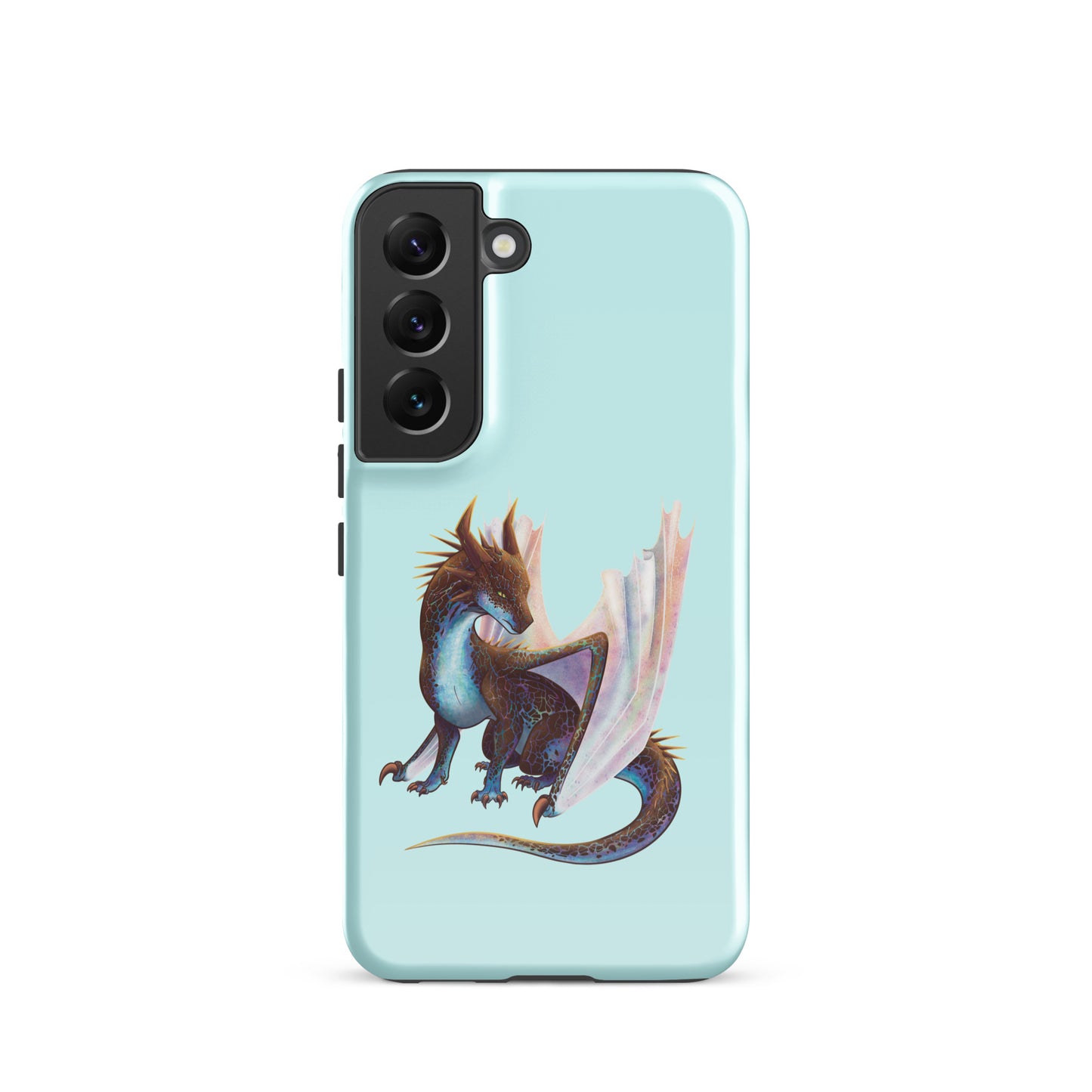 A mint in color tough phone case for a Samsung Galaxy S22 with a glossy finish featuring a sitting, side profile of a dragon that has the features of a boulder opal with hues of blue, green, purple, and pink on the underbelly and cracks of the rough, brown hue, rock scales. The wings are tucked back and are of an iridescent shimmery hue