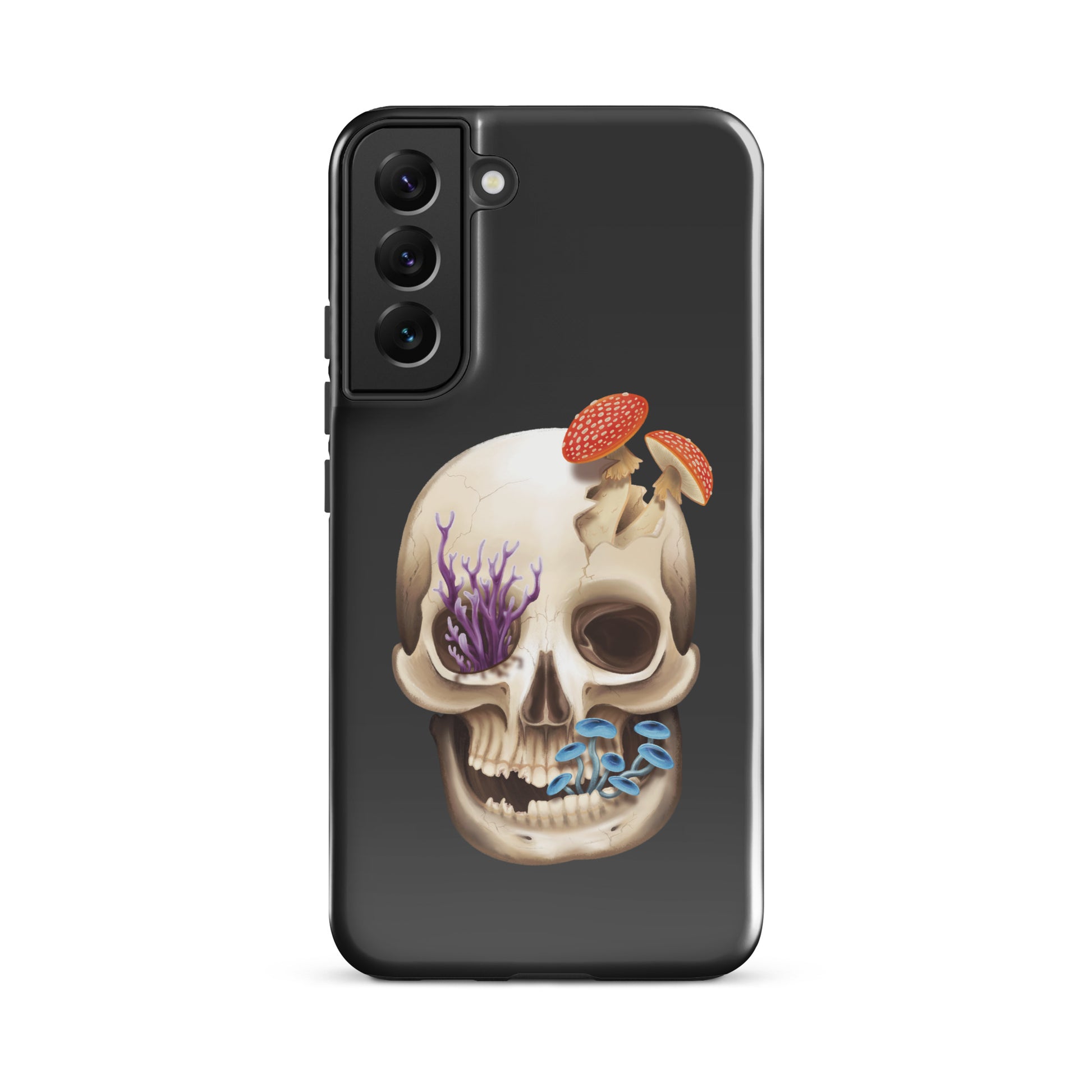 A dark grey tough phone case for a Samsung Galaxy S22 plus with a glossy finish featuring a human skull with various fungi growing out of it