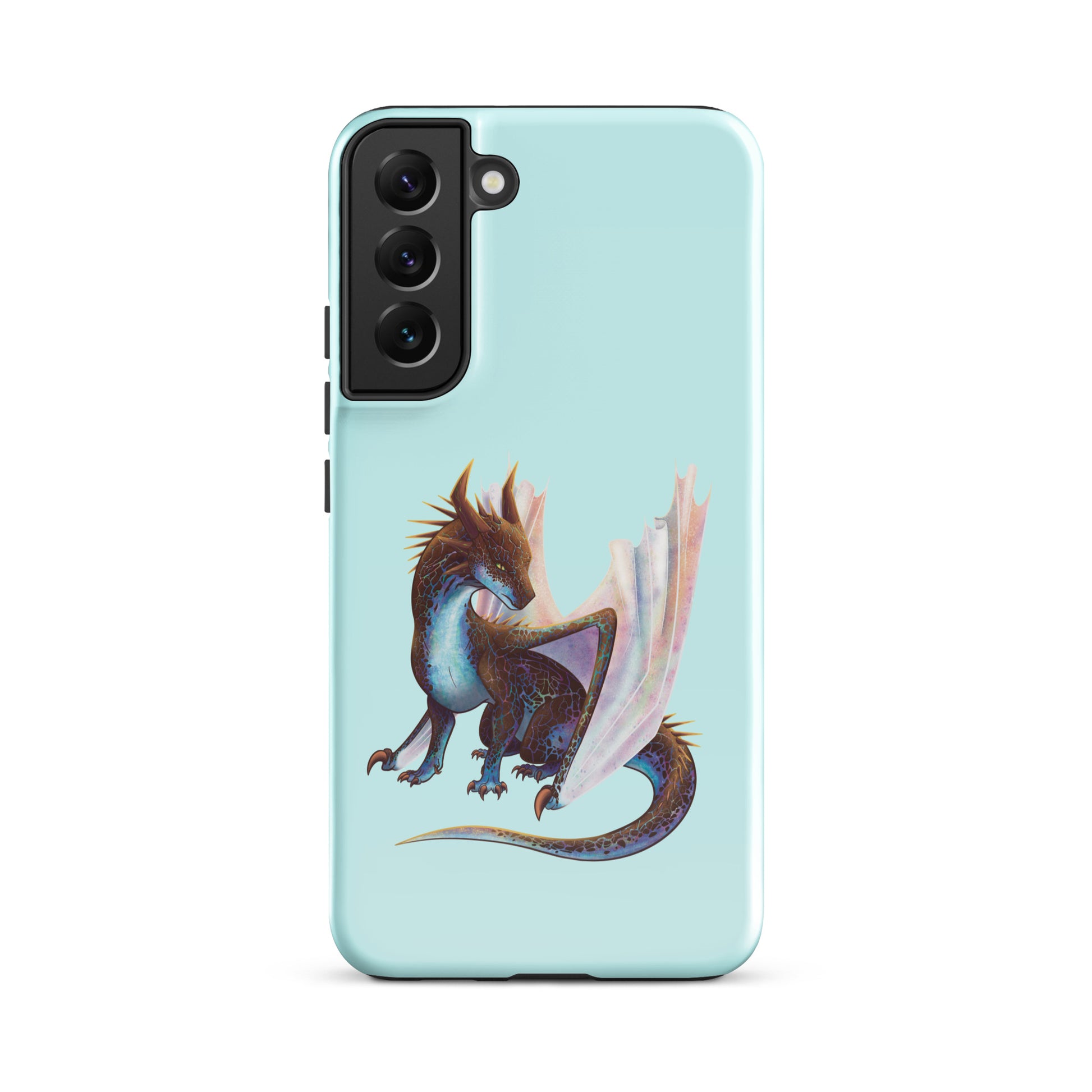 A mint in color tough phone case for a Samsung Galaxy S22 plus with a glossy finish featuring a sitting, side profile of a dragon that has the features of a boulder opal with hues of blue, green, purple, and pink on the underbelly and cracks of the rough, brown hue, rock scales. The wings are tucked back and are of an iridescent shimmery hue