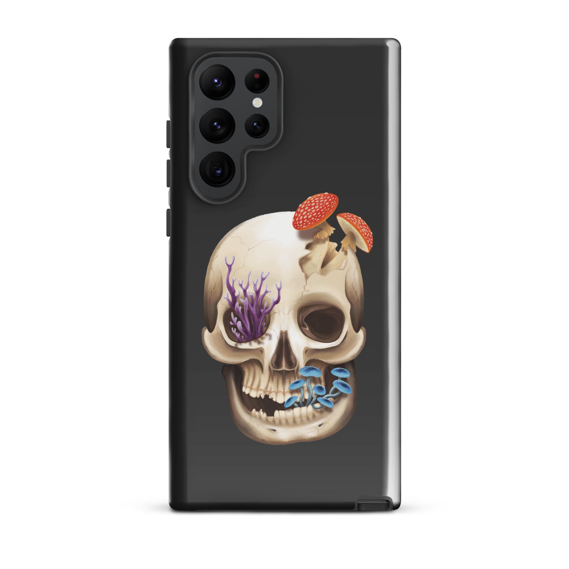 A dark grey tough phone case for a Samsung Galaxy S22 ultra with a glossy finish featuring a human skull with various fungi growing out of it