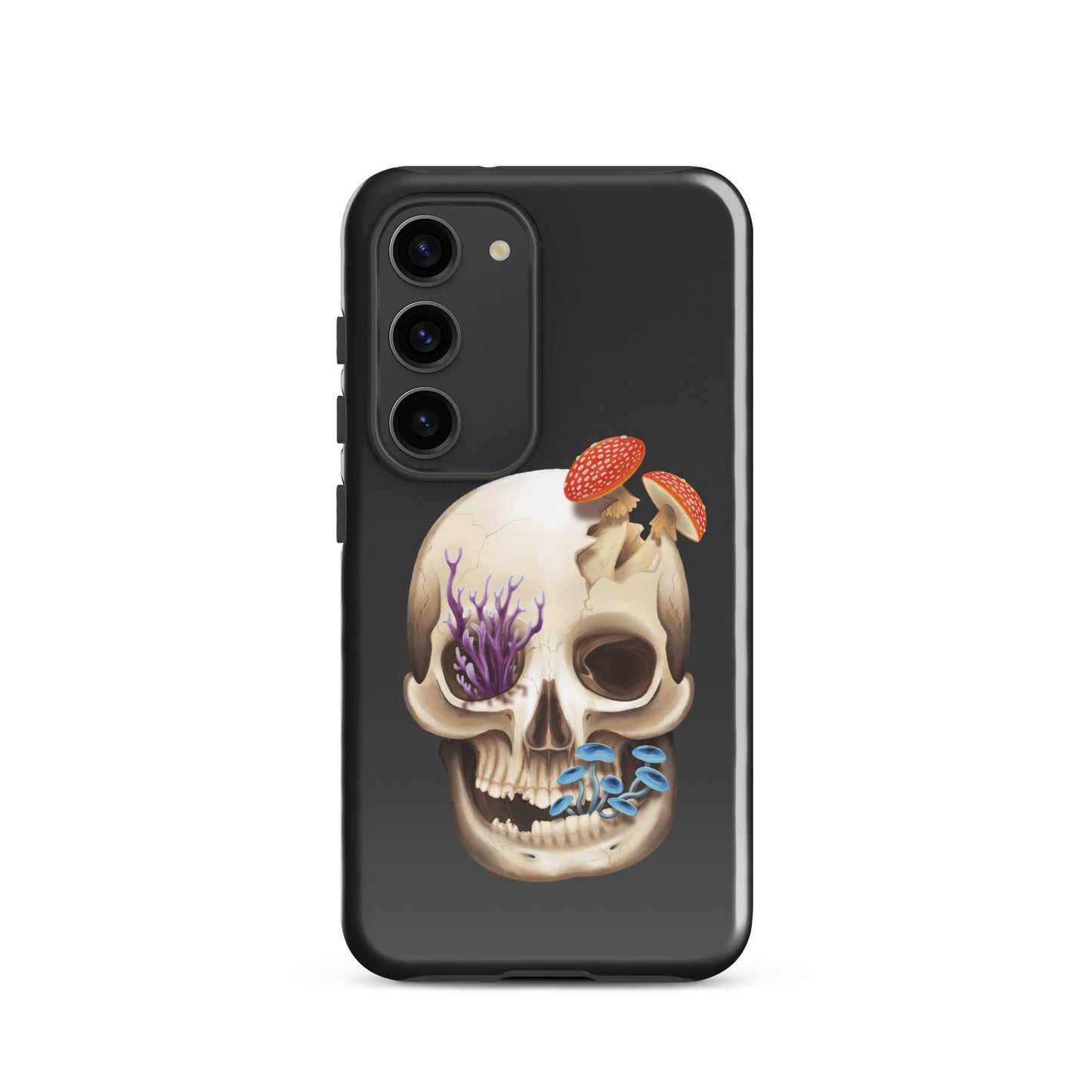 A dark grey tough phone case for a Samsung Galaxy S23 with a glossy finish featuring a human skull with various fungi growing out of it