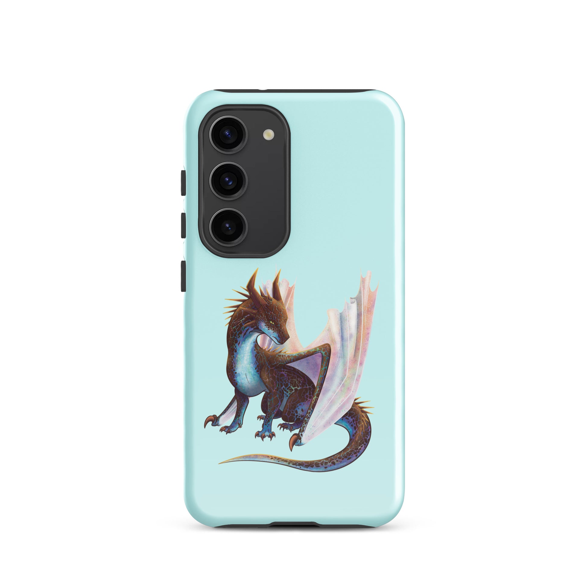 A mint in color tough phone case for a Samsung Galaxy S23 with a glossy finish featuring a sitting, side profile of a dragon that has the features of a boulder opal with hues of blue, green, purple, and pink on the underbelly and cracks of the rough, brown hue, rock scales. The wings are tucked back and are of an iridescent shimmery hue