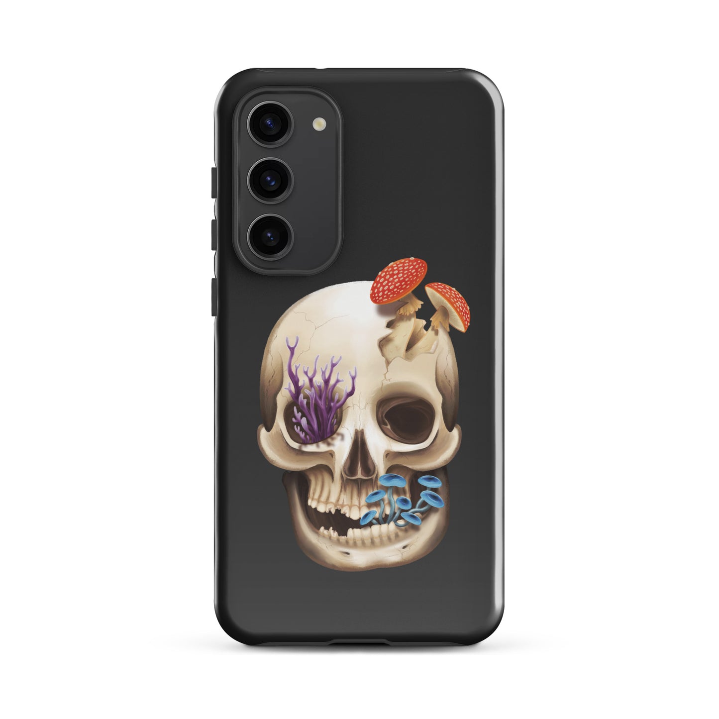 A dark grey tough phone case for a Samsung Galaxy S23 plus with a glossy finish featuring a human skull with various fungi growing out of it